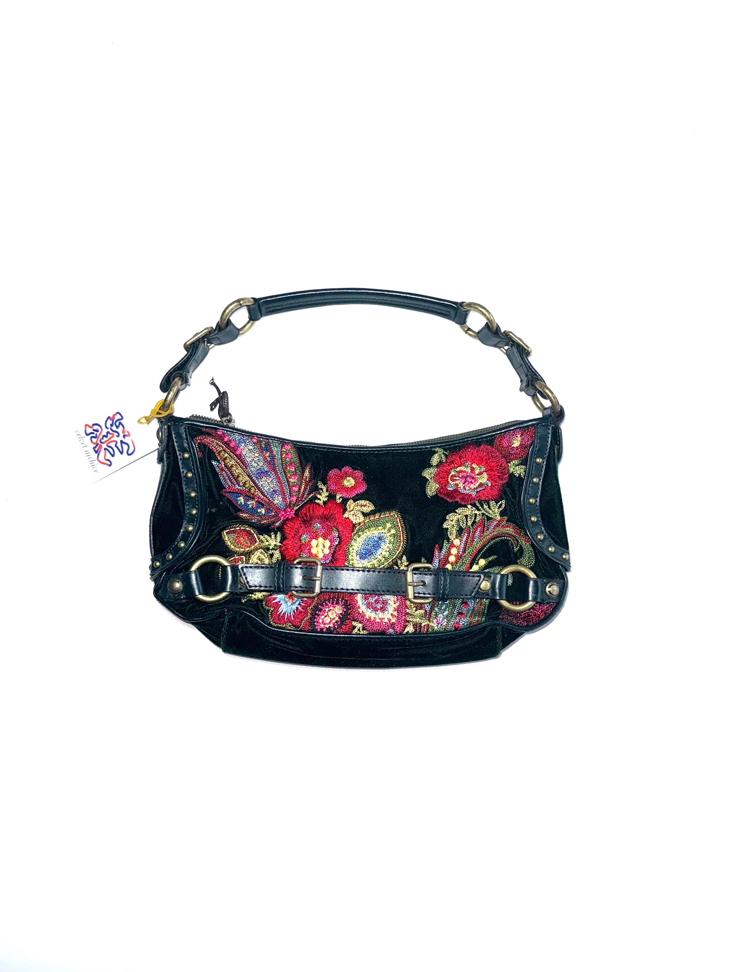 Roberto Cavalli green and red floral emroidered shoulder bag