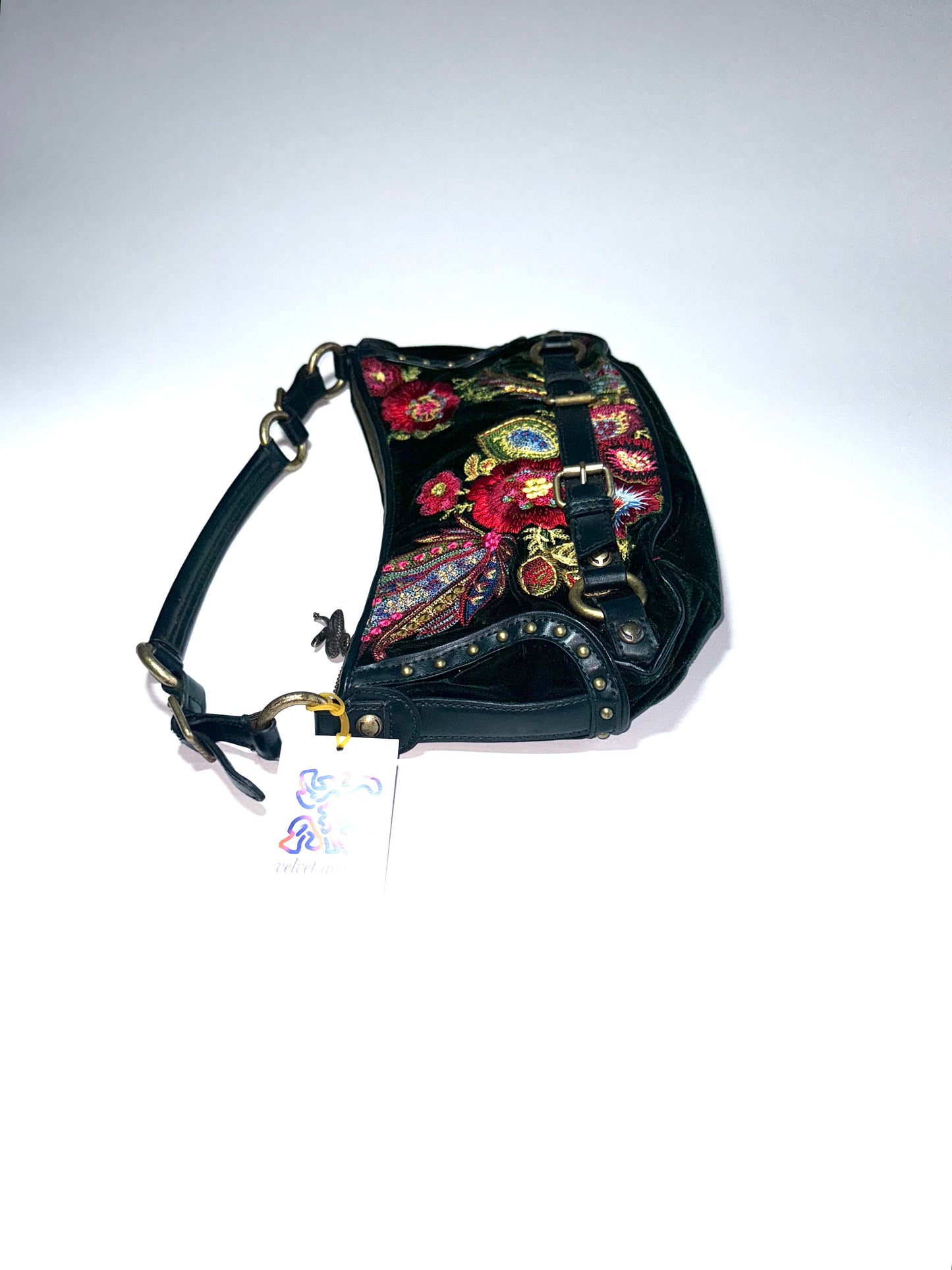 Roberto Cavalli green and red floral emroidered shoulder bag