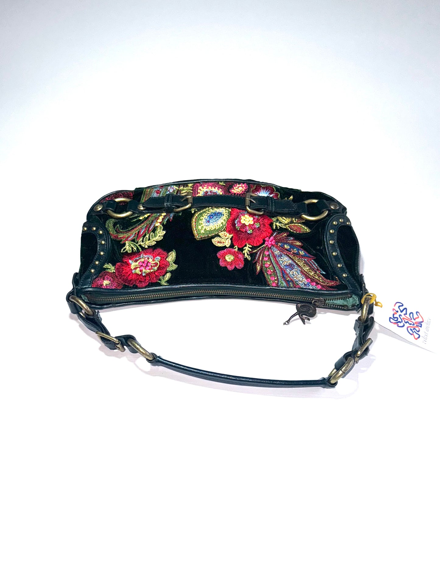 Roberto Cavalli green and red floral emroidered shoulder bag