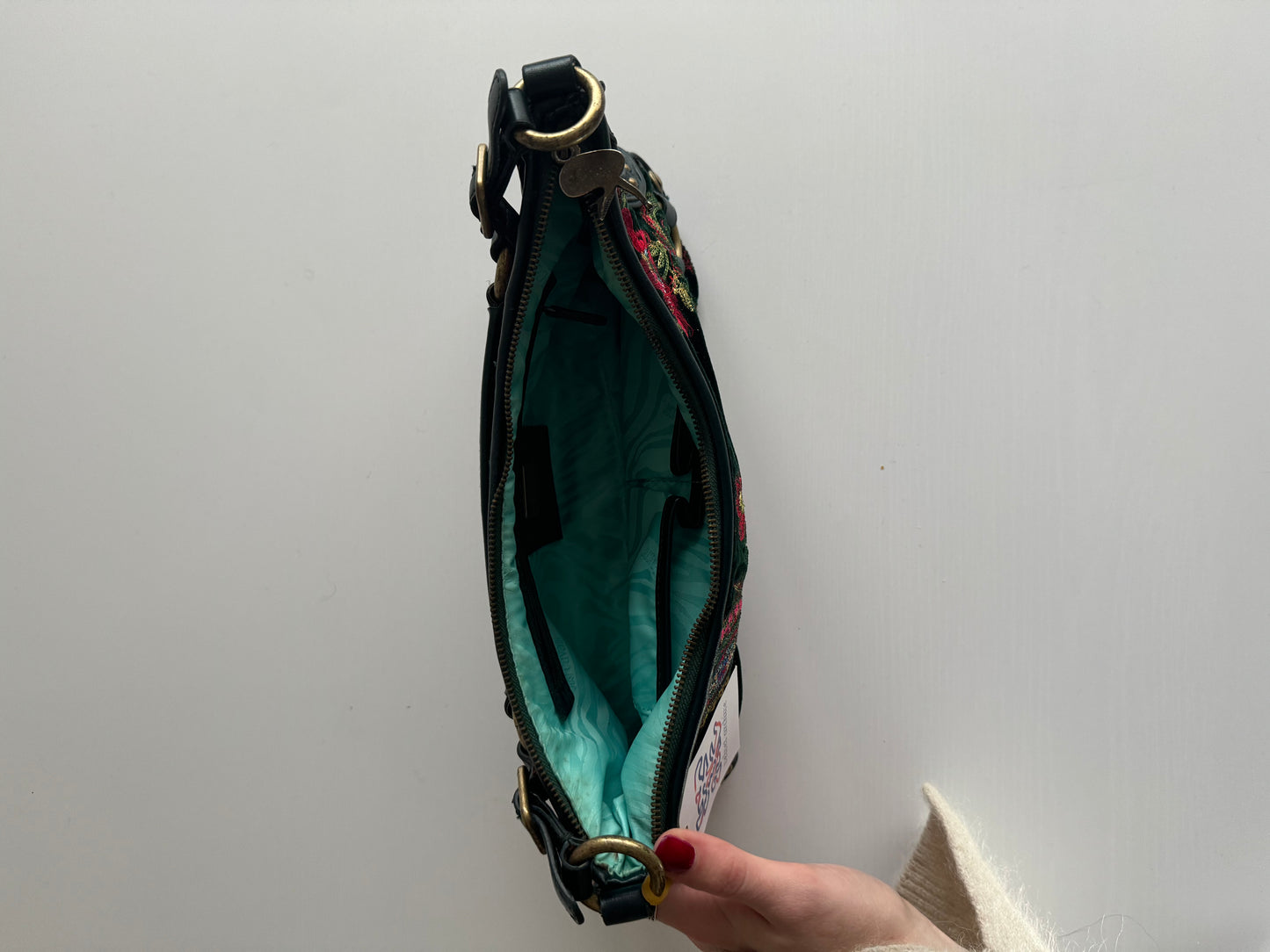 Roberto Cavalli green and red floral emroidered shoulder bag