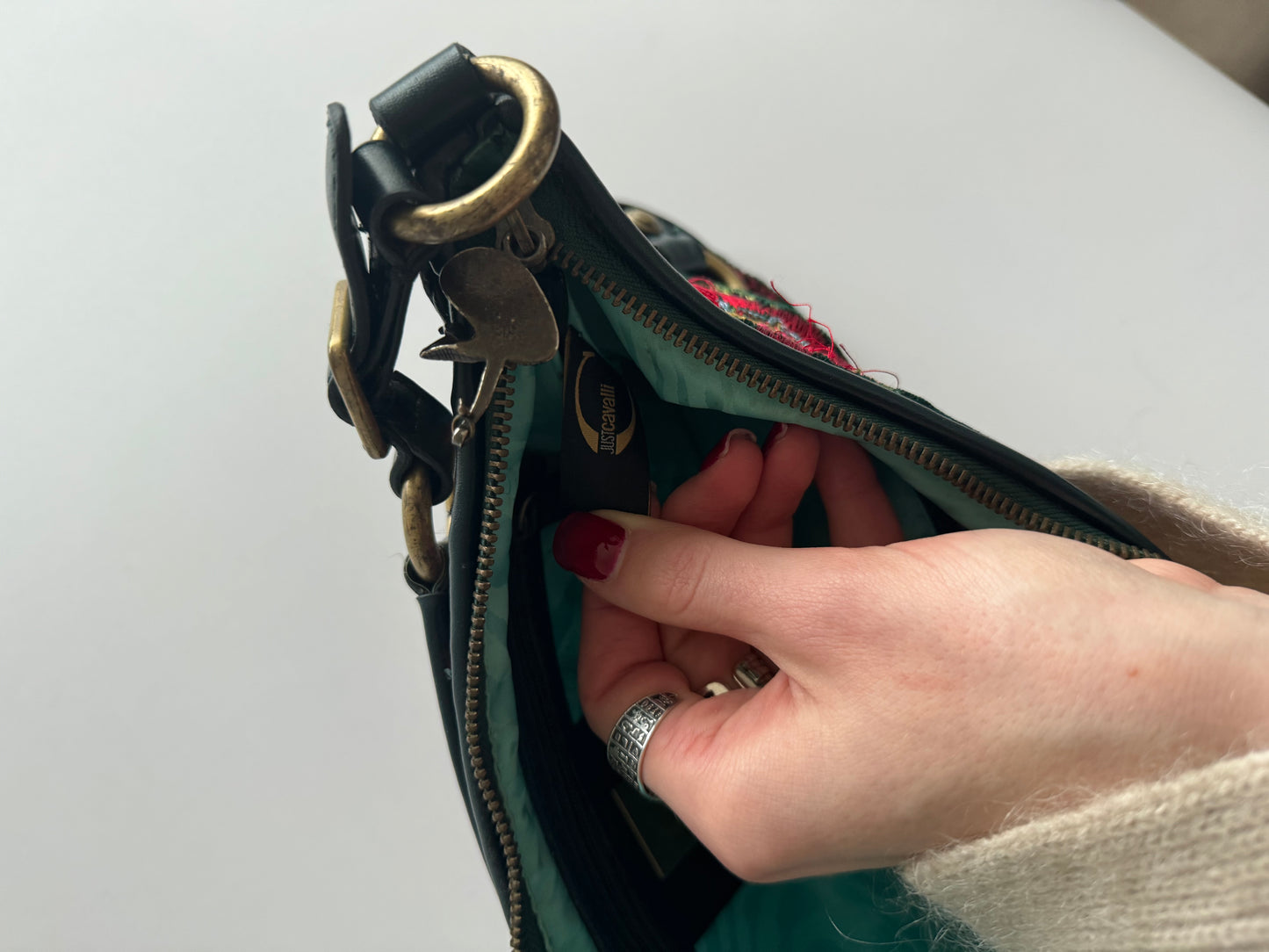 Roberto Cavalli green and red floral emroidered shoulder bag