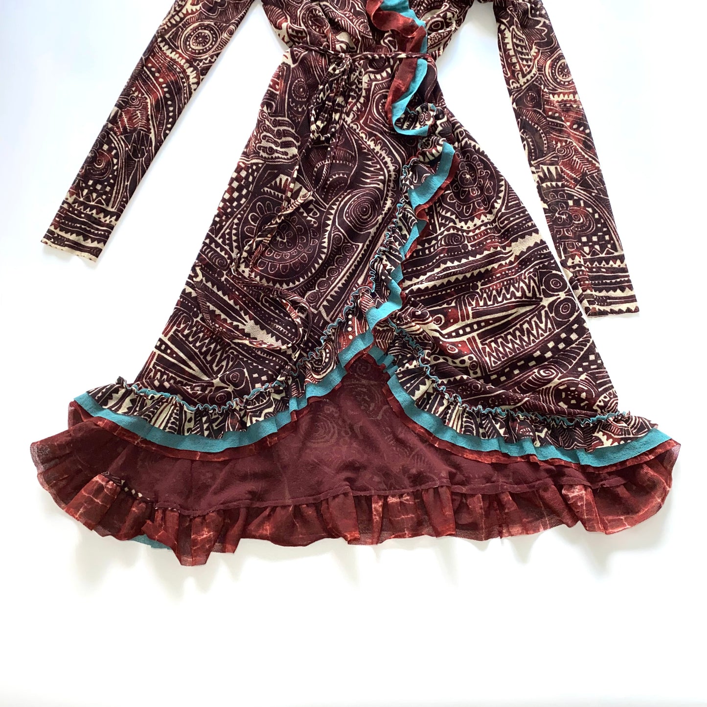 Jean Paul Gaultier brick-red and blue robe with ruffles