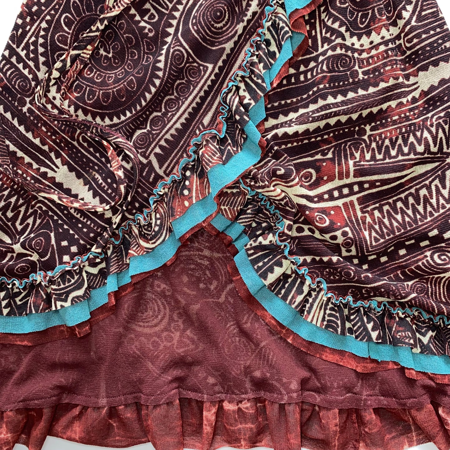 Jean Paul Gaultier brick-red and blue robe with ruffles