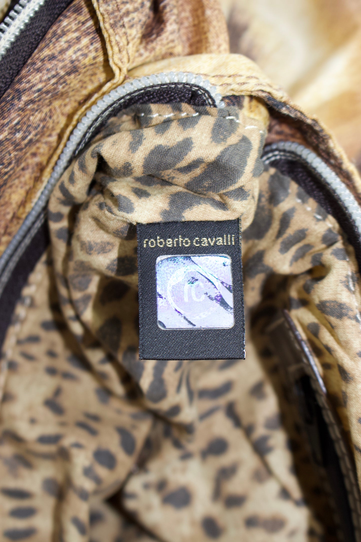 Roberto Cavalli 2000s brown nylon animal print handbag