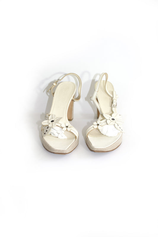 Prada SS 1999 white leather heels with floral embellishments