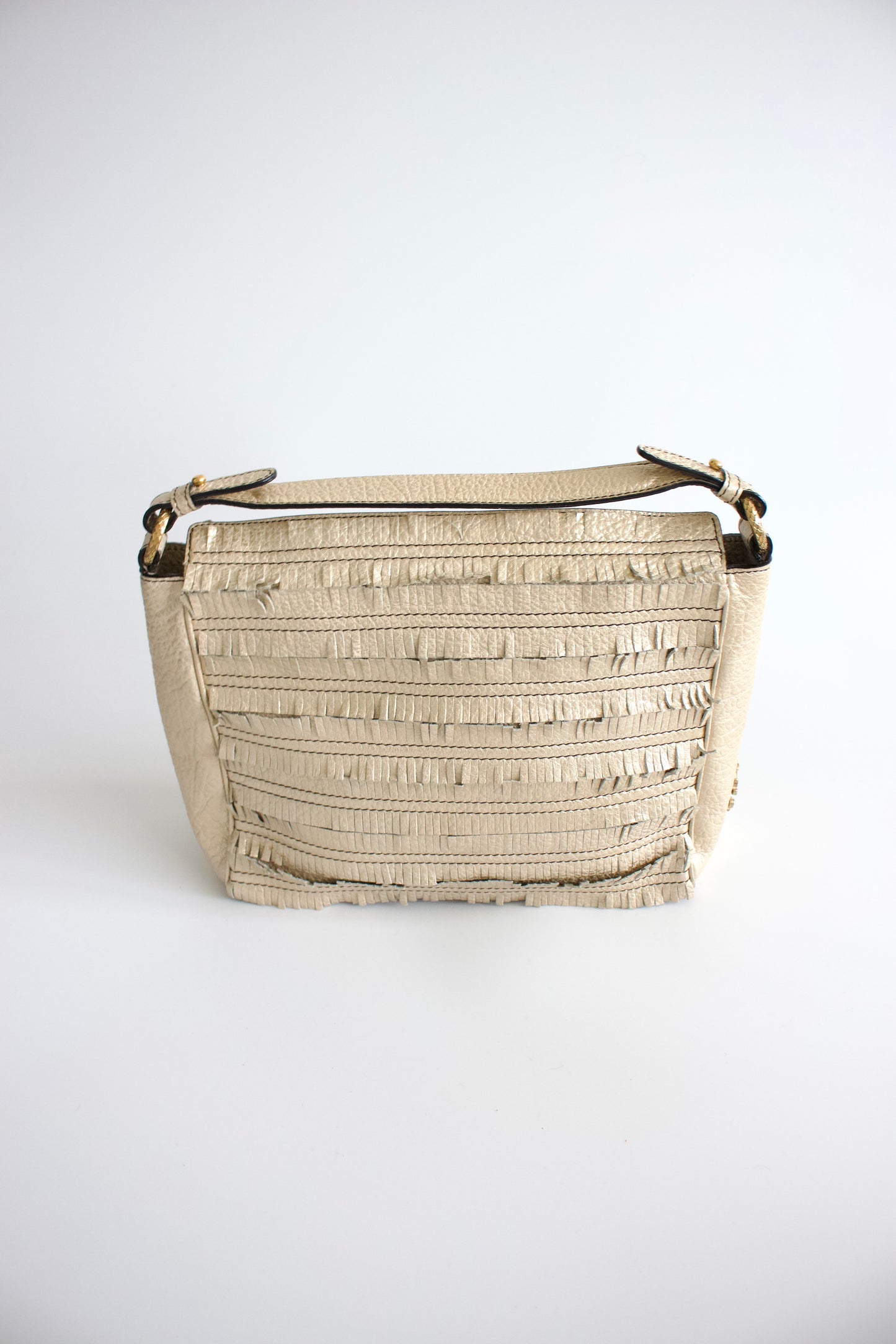 Roberto Cavalli golden leather handbag with fringe appliqué