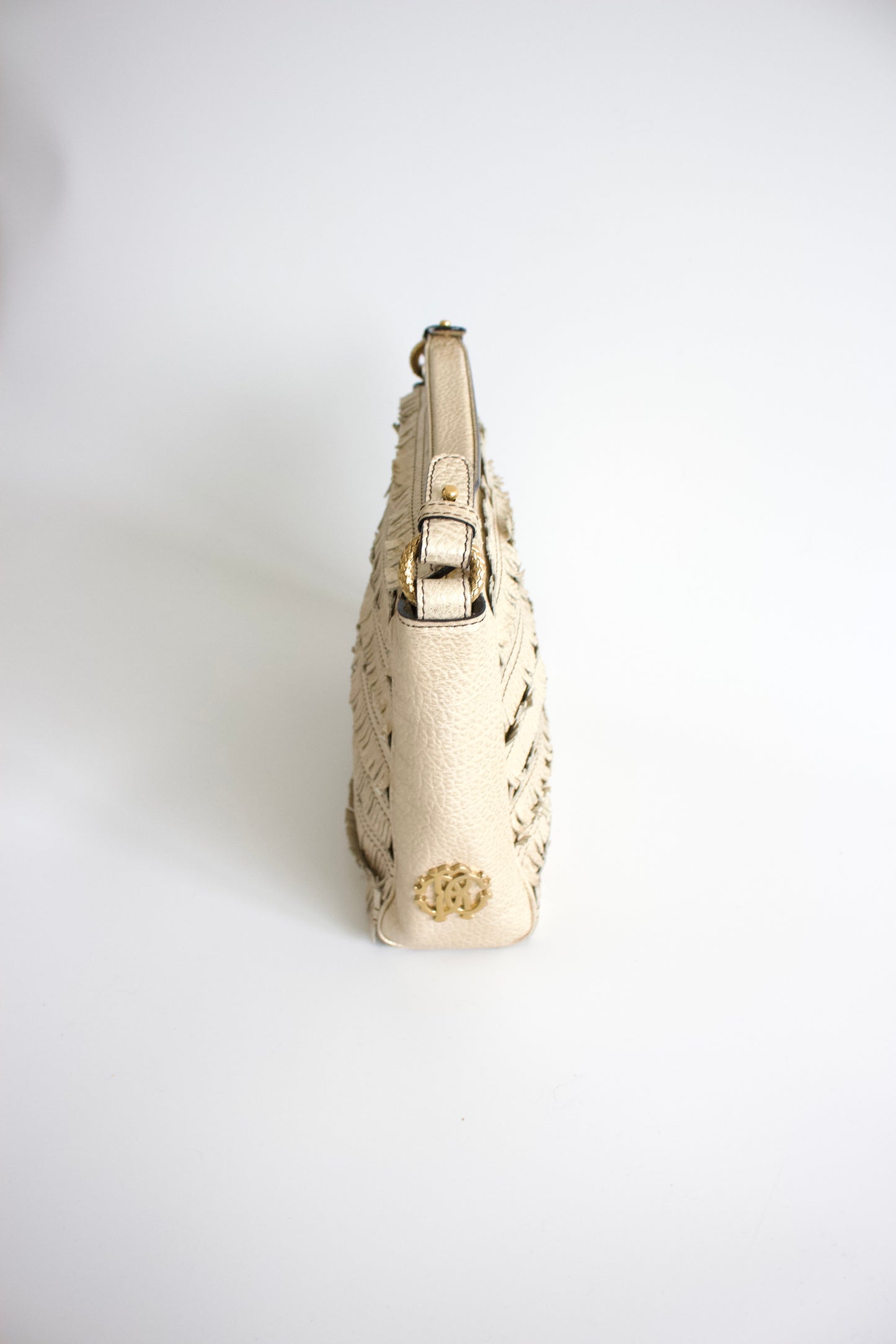 Roberto Cavalli golden leather handbag with fringe appliqué