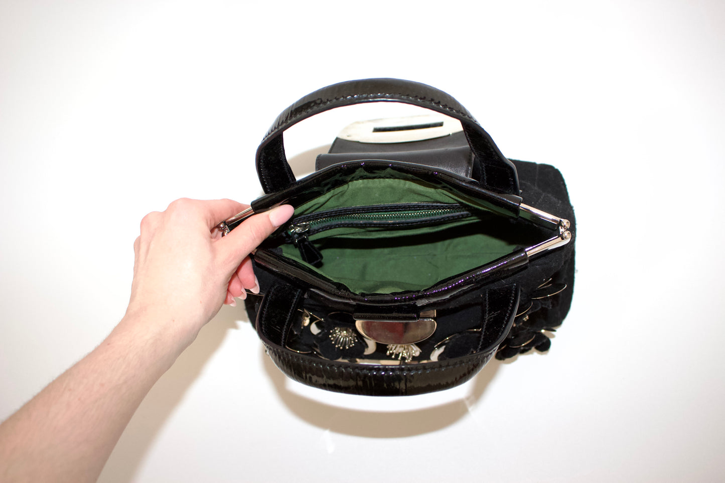 Miu Miu FW2010 black handbag with metallic flowers