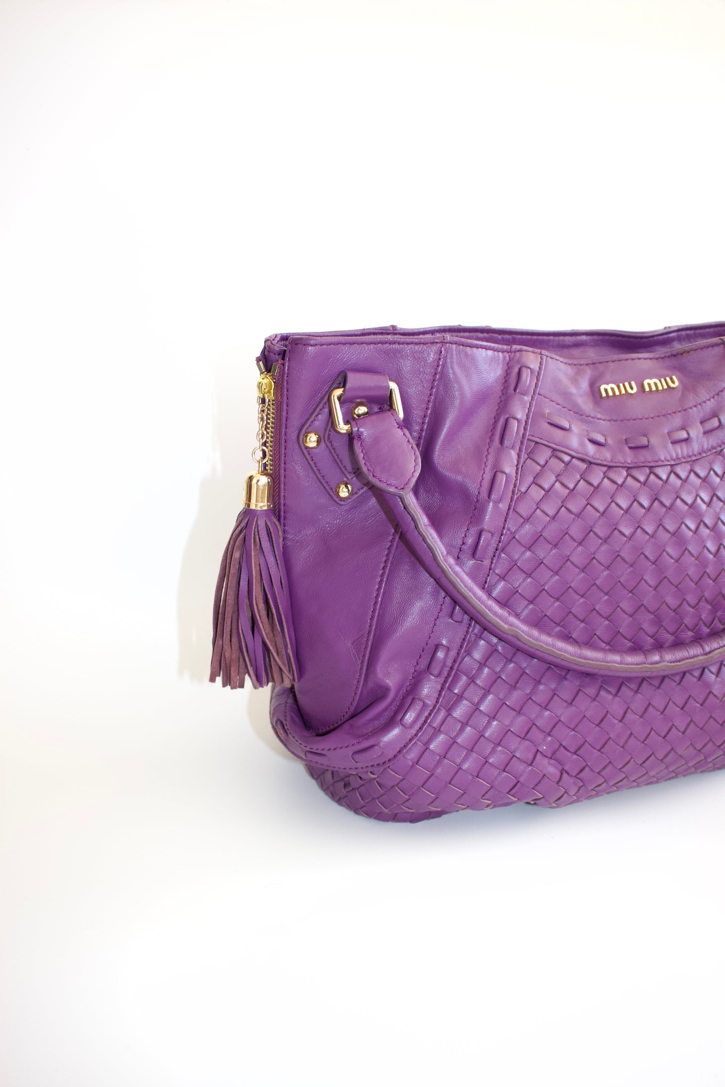 Miu Miu purple woven leather shoulder bag with tassels