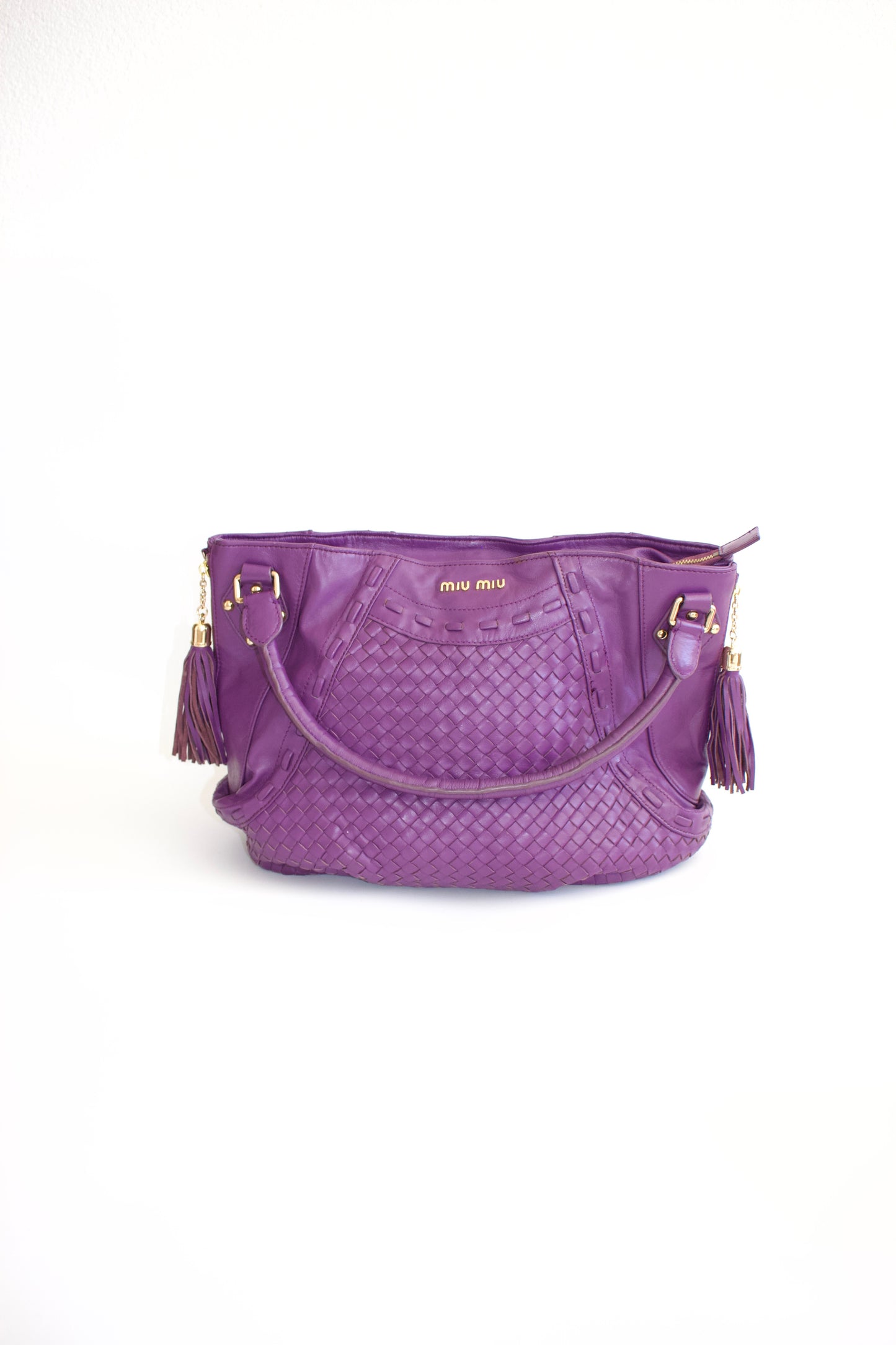 Miu Miu purple woven leather shoulder bag with tassels