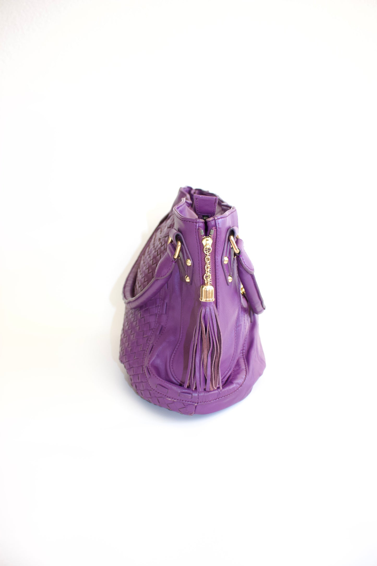 Miu Miu purple woven leather shoulder bag with tassels
