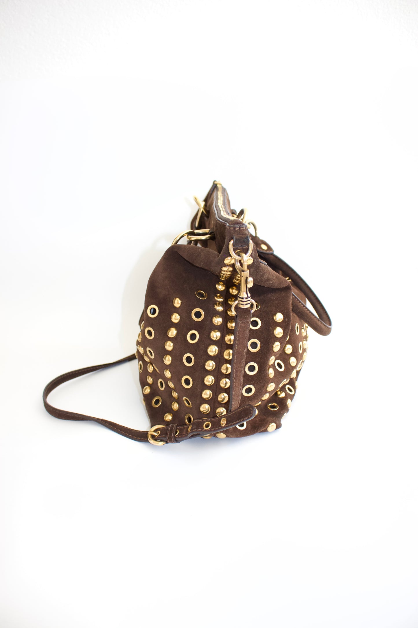 Miu Miu brown suede bag with golden eyelets and grommets