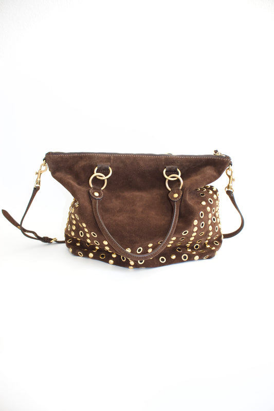 Miu Miu brown suede bag with golden eyelets and grommets