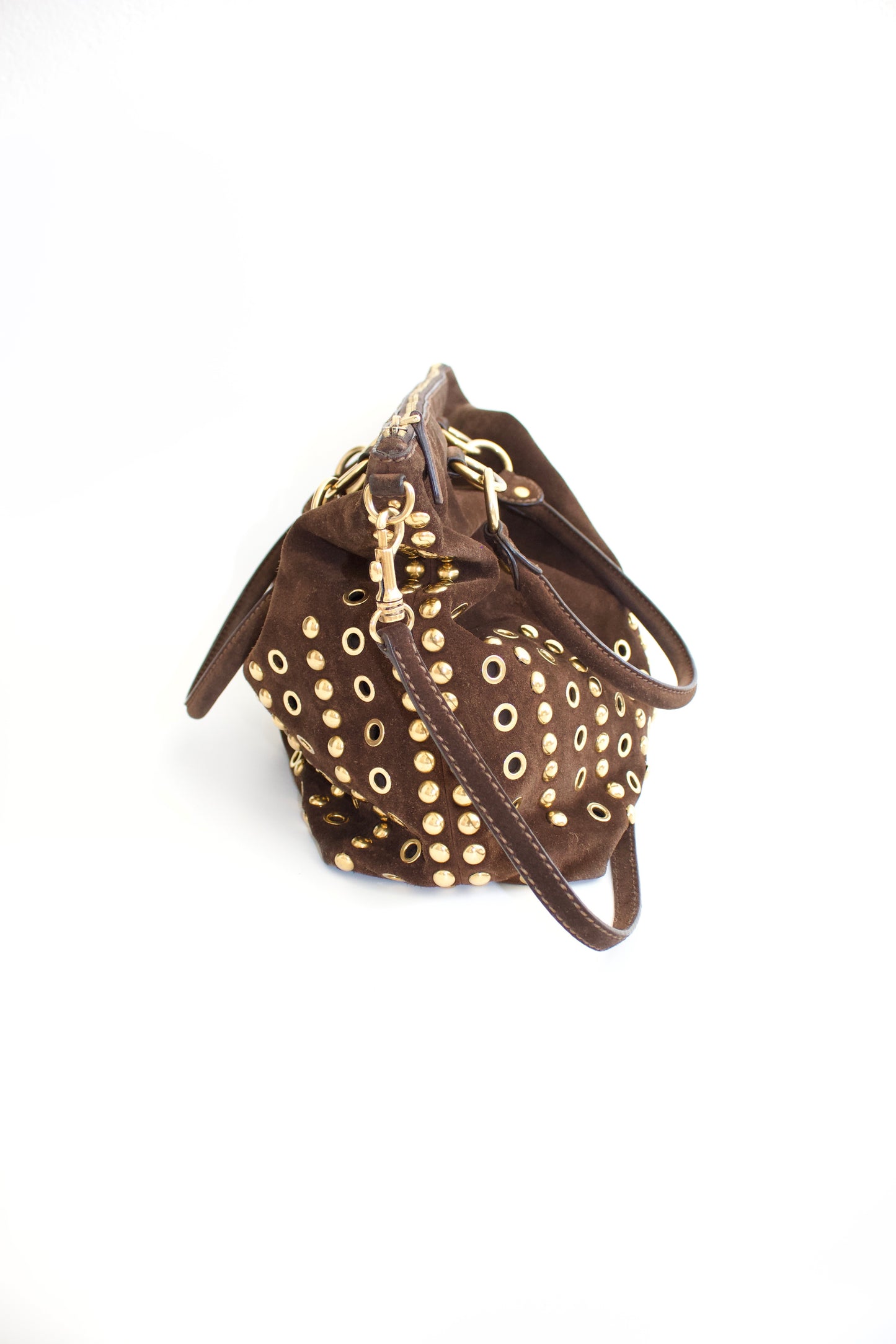 Miu Miu brown suede bag with golden eyelets and grommets
