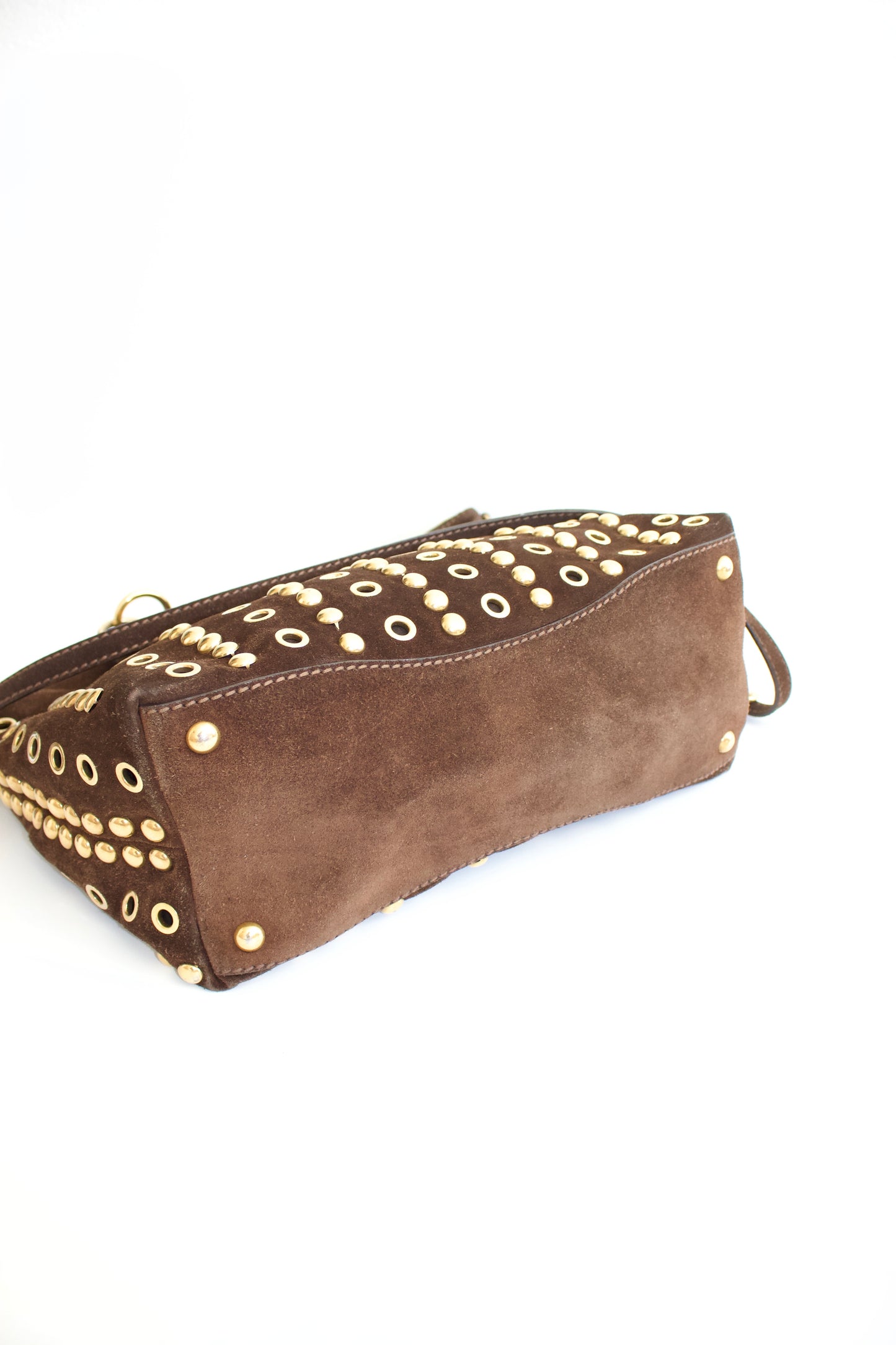 Miu Miu brown suede bag with golden eyelets and grommets