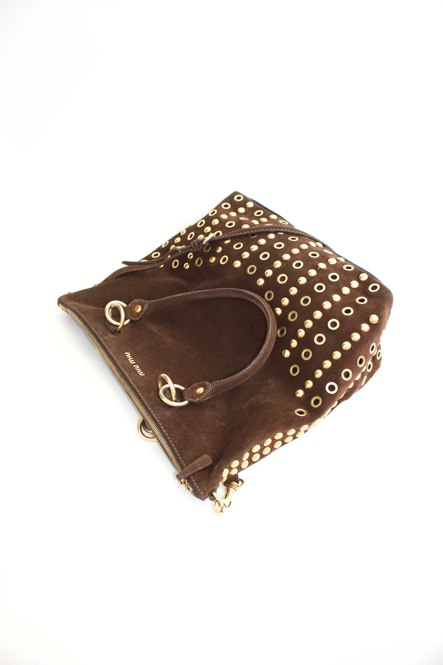 Miu Miu brown suede bag with golden eyelets and grommets