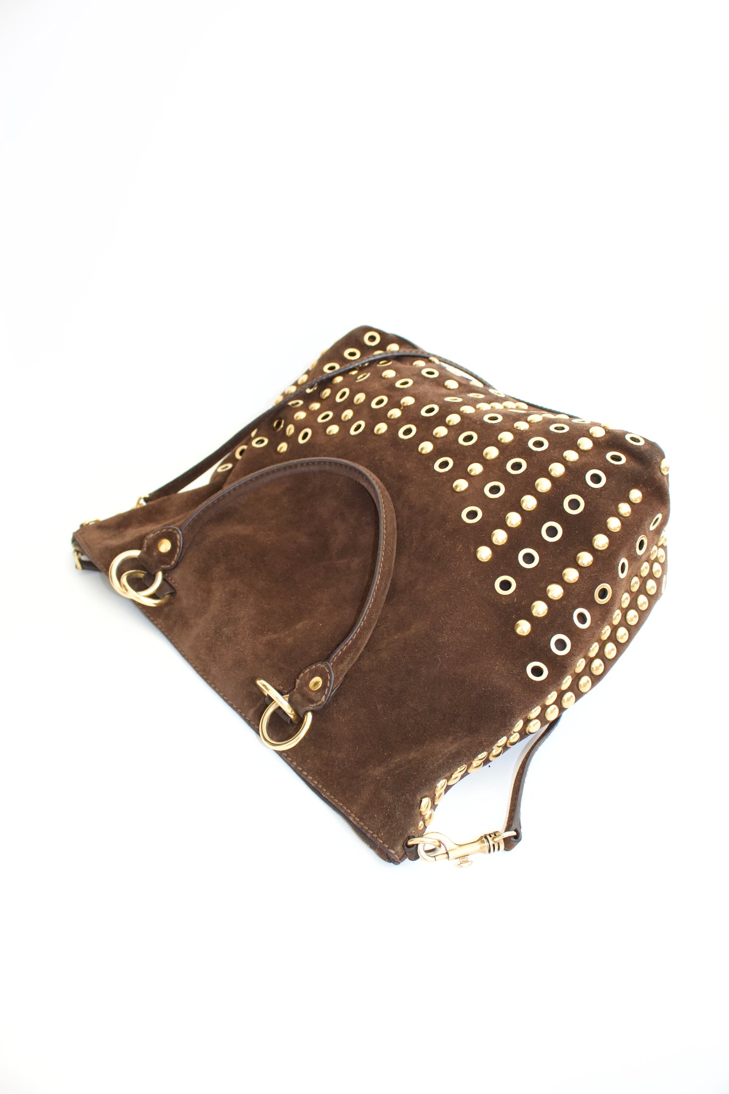 Miu Miu brown suede bag with golden eyelets and grommets