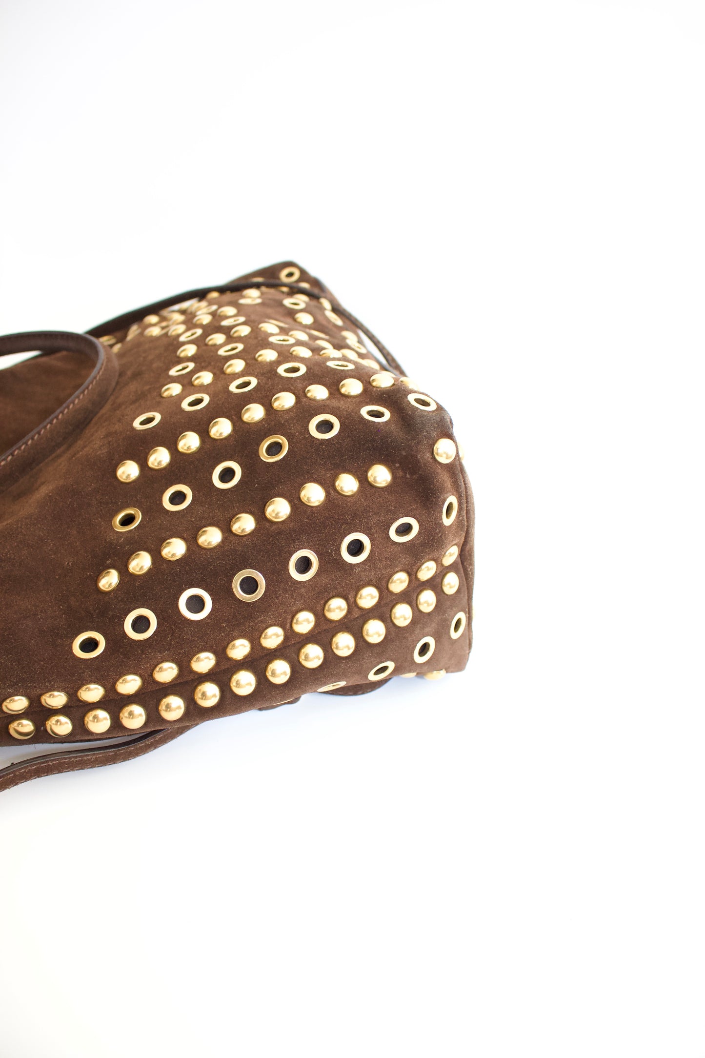 Miu Miu brown suede bag with golden eyelets and grommets