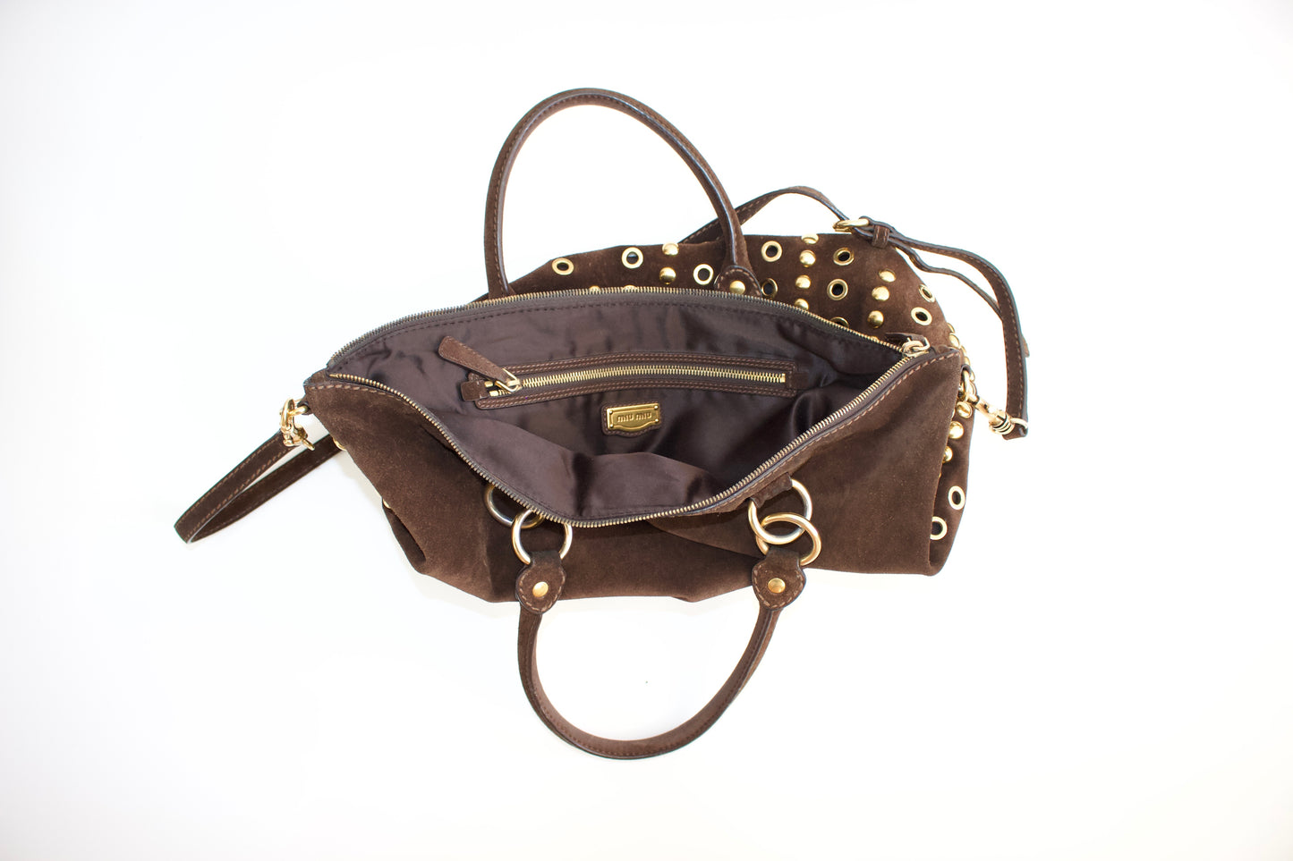Miu Miu brown suede bag with golden eyelets and grommets