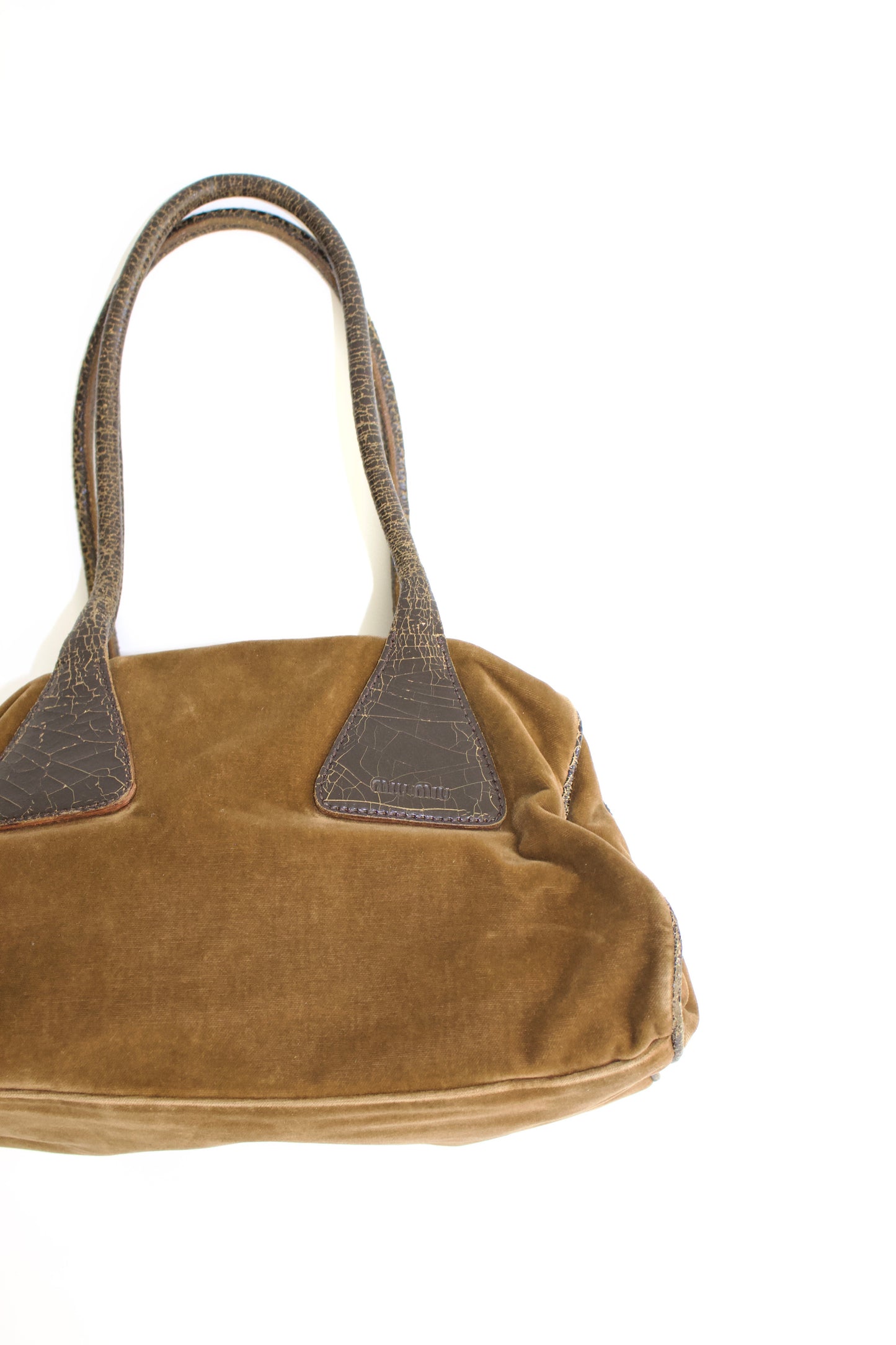 Miu Miu FW2001 khaki velvet bag with cracked leather handles