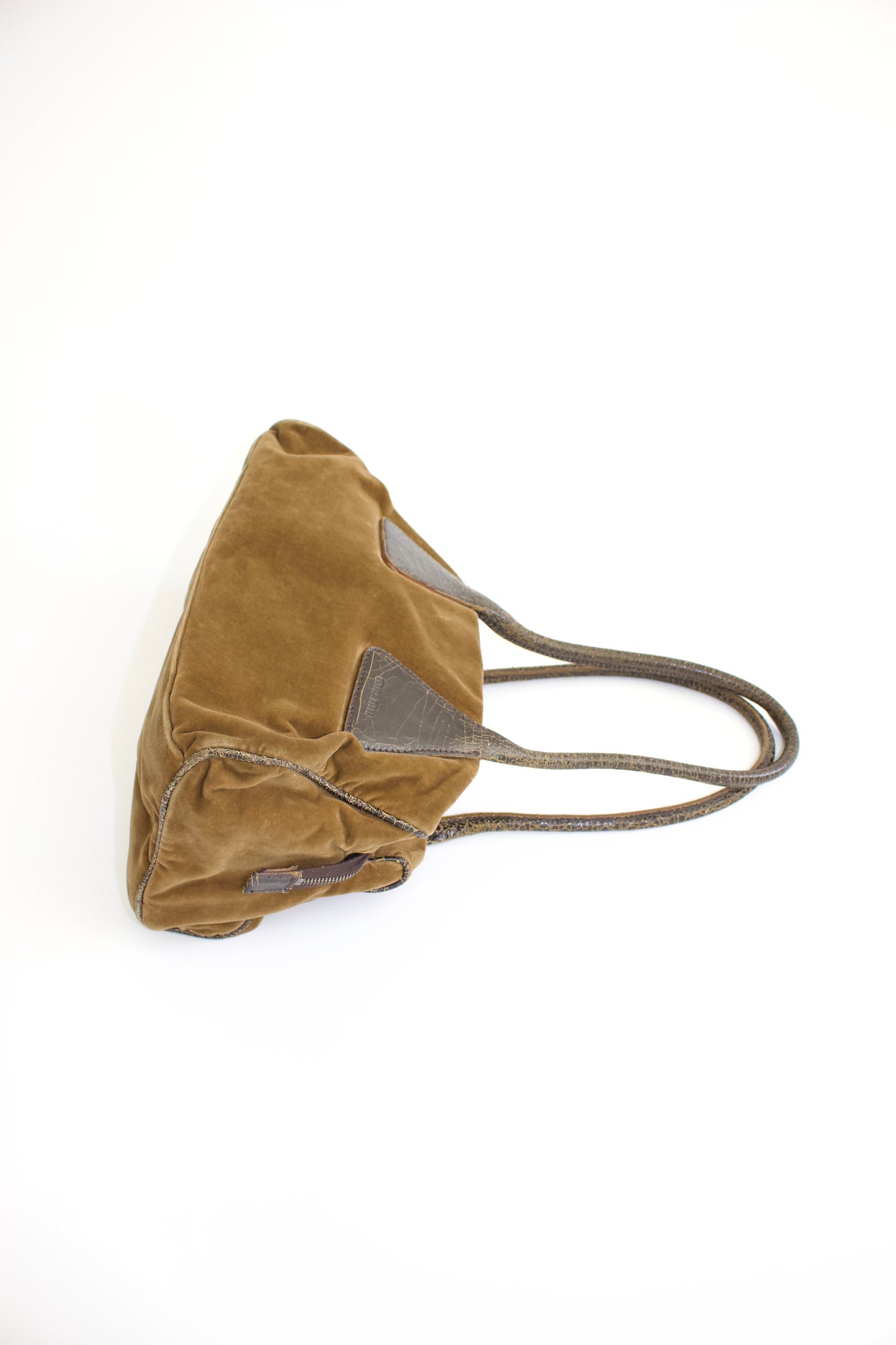Miu Miu FW2001 khaki velvet bag with cracked leather handles