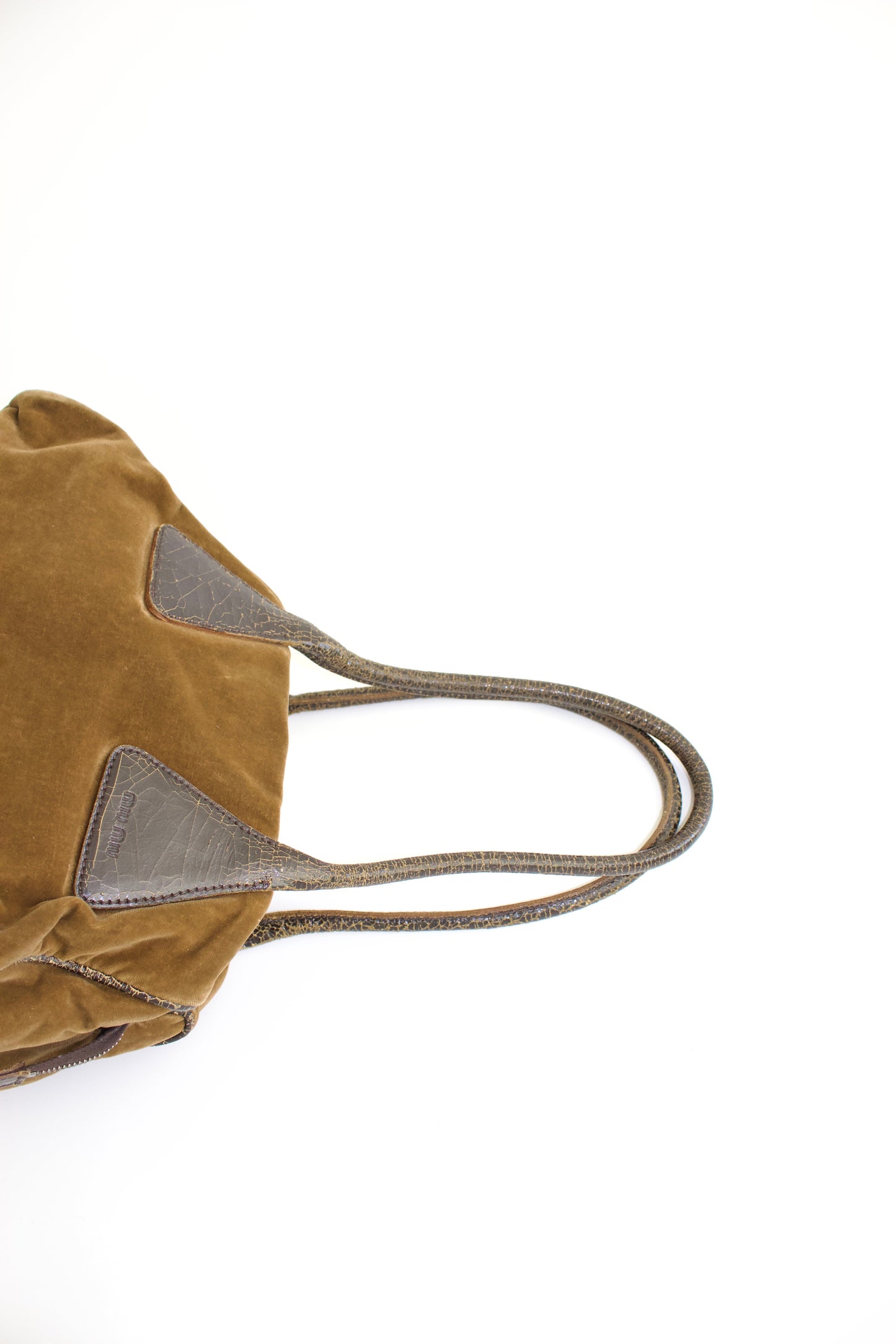 Miu Miu FW2001 khaki velvet bag with cracked leather handles