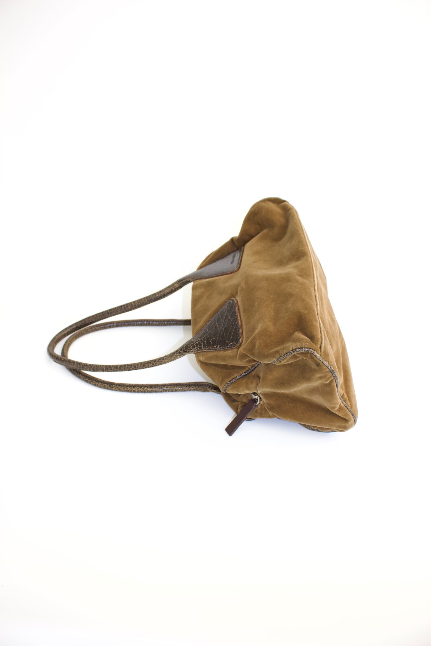 Miu Miu FW2001 khaki velvet bag with cracked leather handles