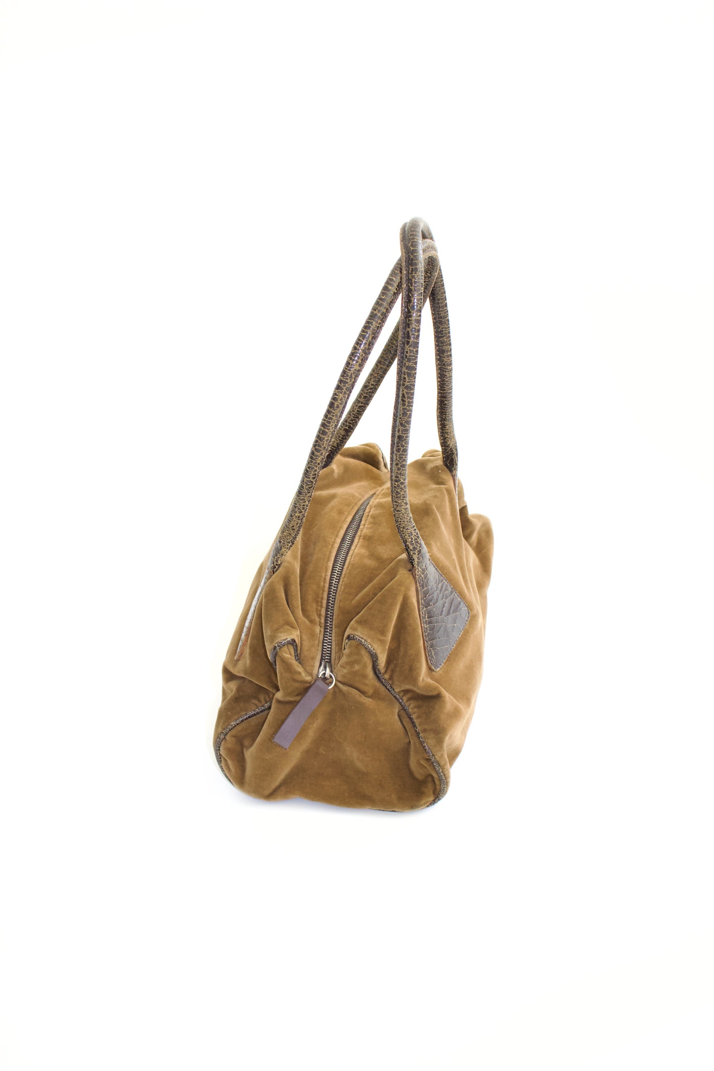 Miu Miu FW2001 khaki velvet bag with cracked leather handles