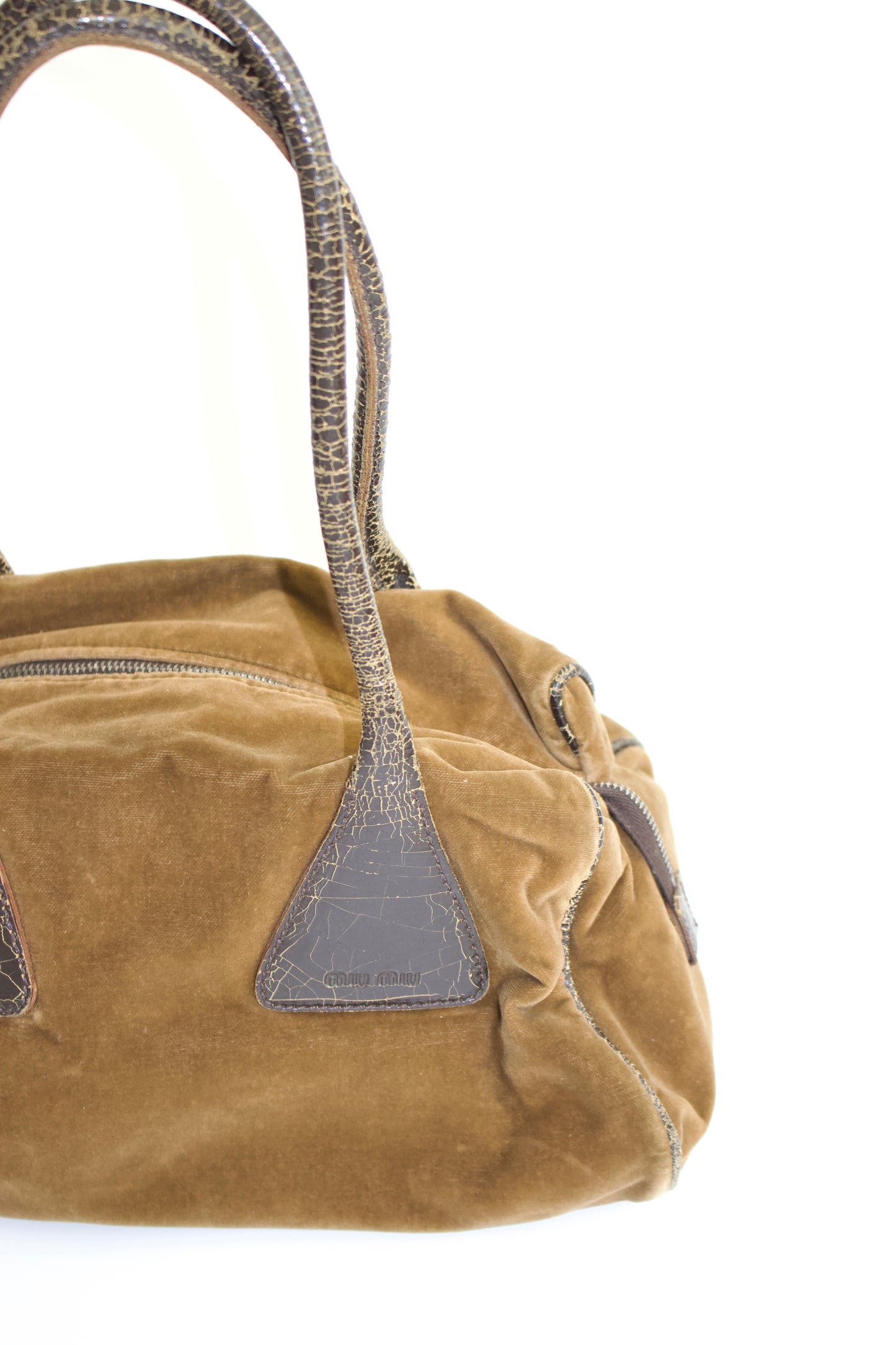Miu Miu FW2001 khaki velvet bag with cracked leather handles