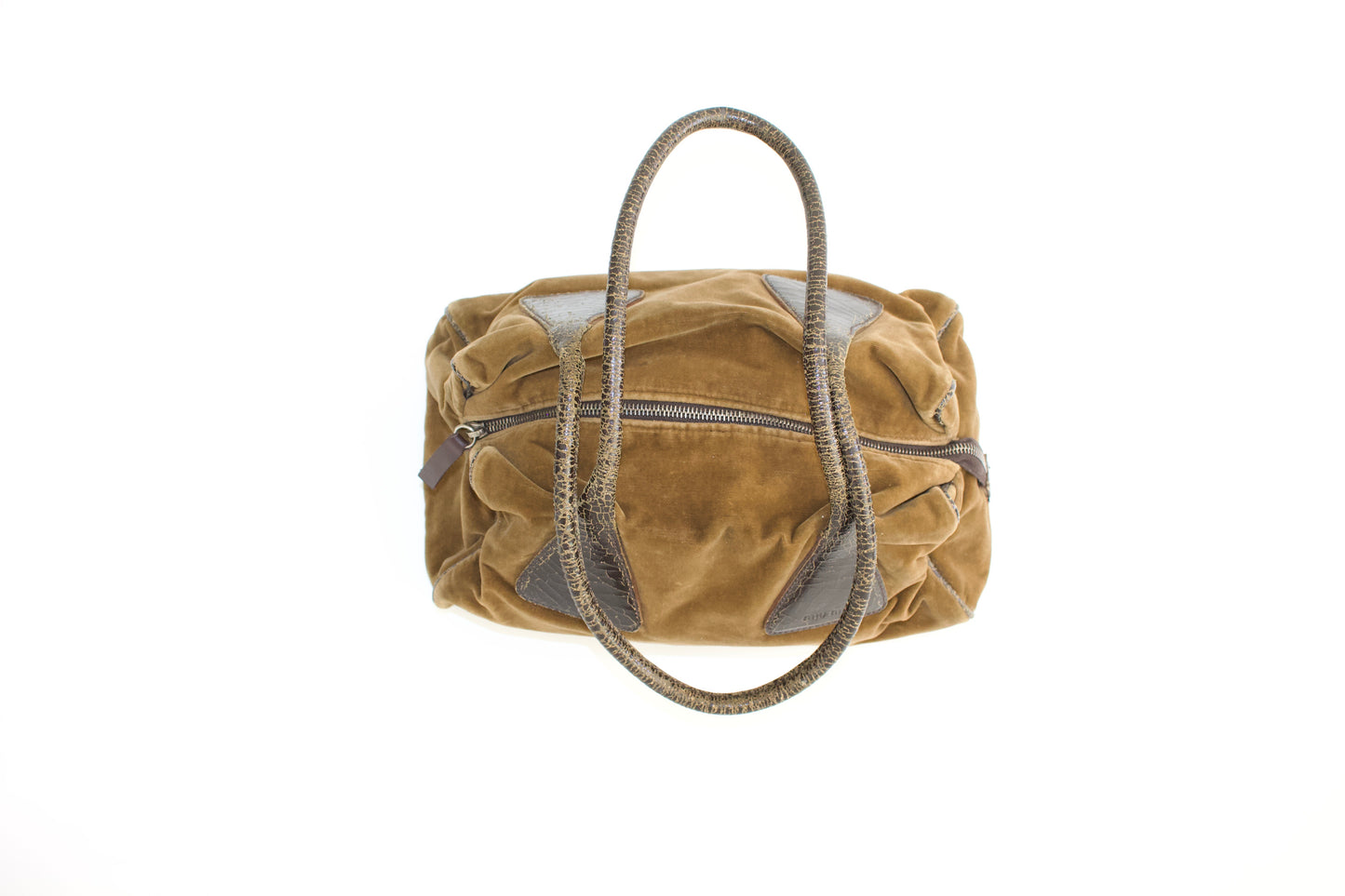 Miu Miu FW2001 khaki velvet bag with cracked leather handles