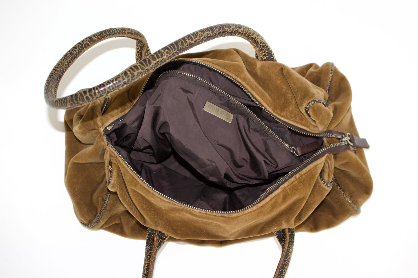 Miu Miu FW2001 khaki velvet bag with cracked leather handles