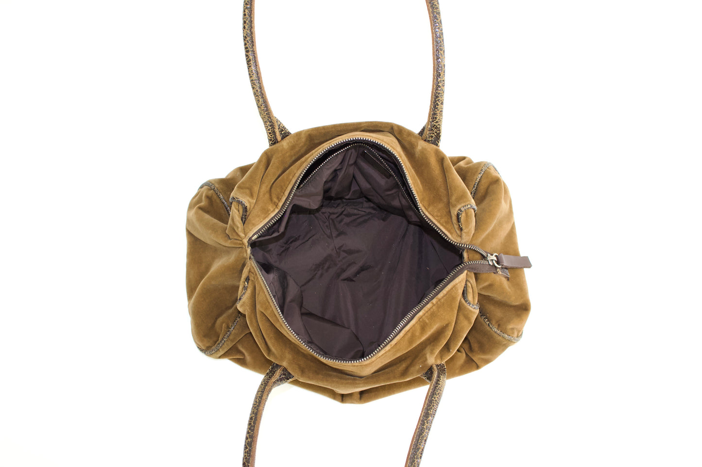 Miu Miu FW2001 khaki velvet bag with cracked leather handles