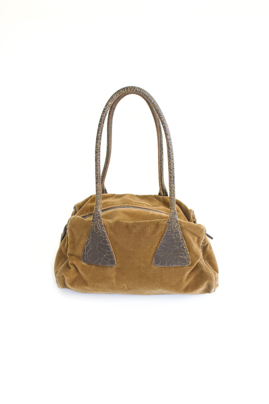 Miu Miu FW2001 khaki velvet bag with cracked leather handles