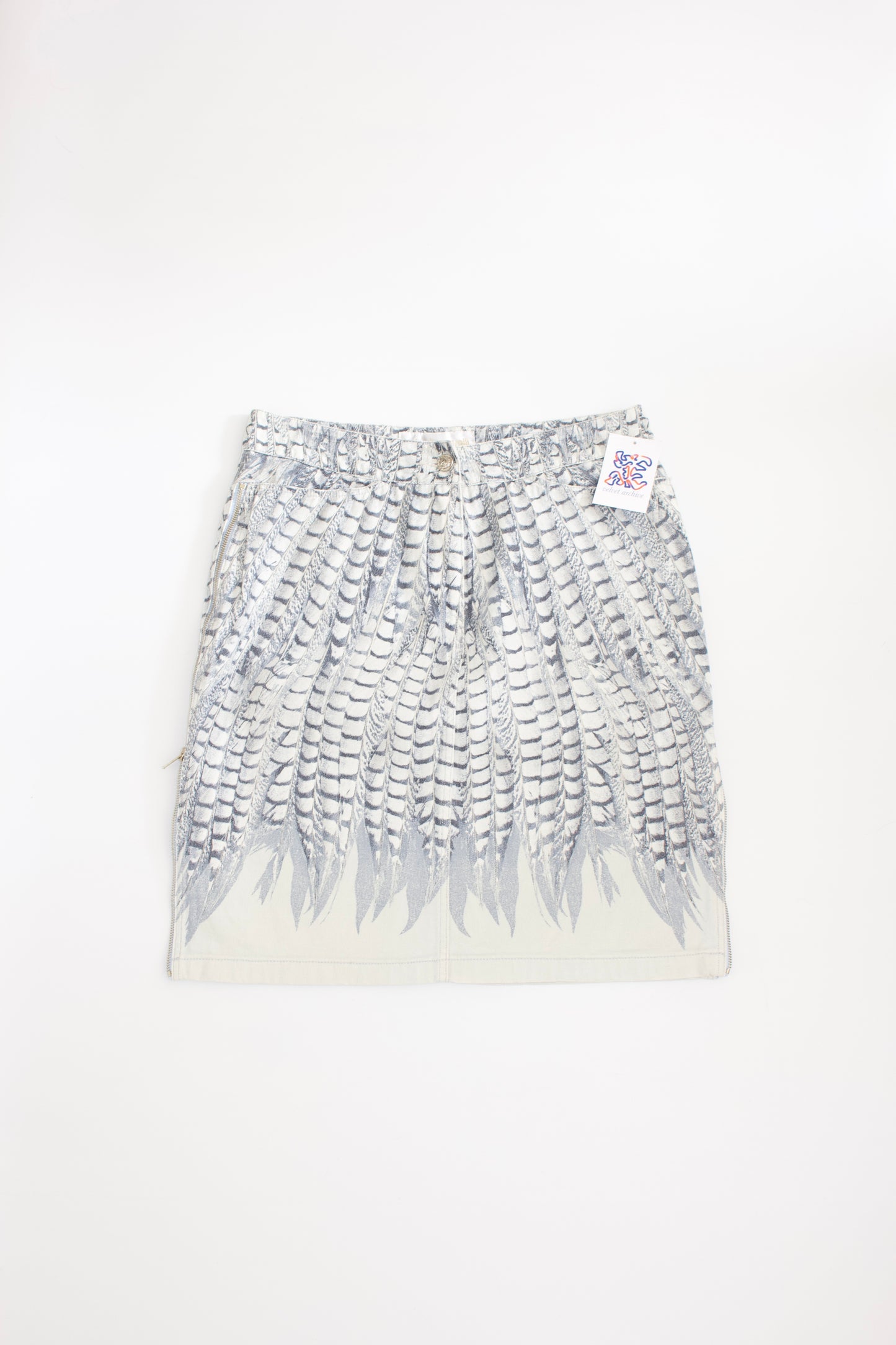 Roberto Cavalli denim skirt with feather print and side zips
