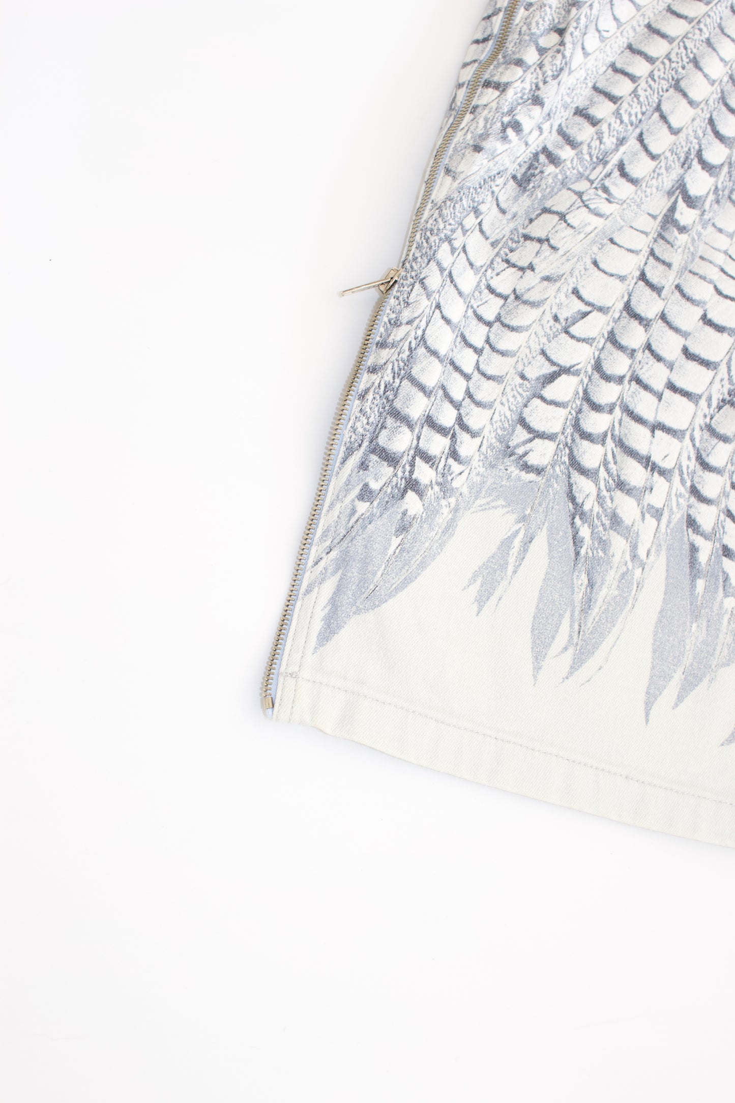 Roberto Cavalli denim skirt with feather print and side zips