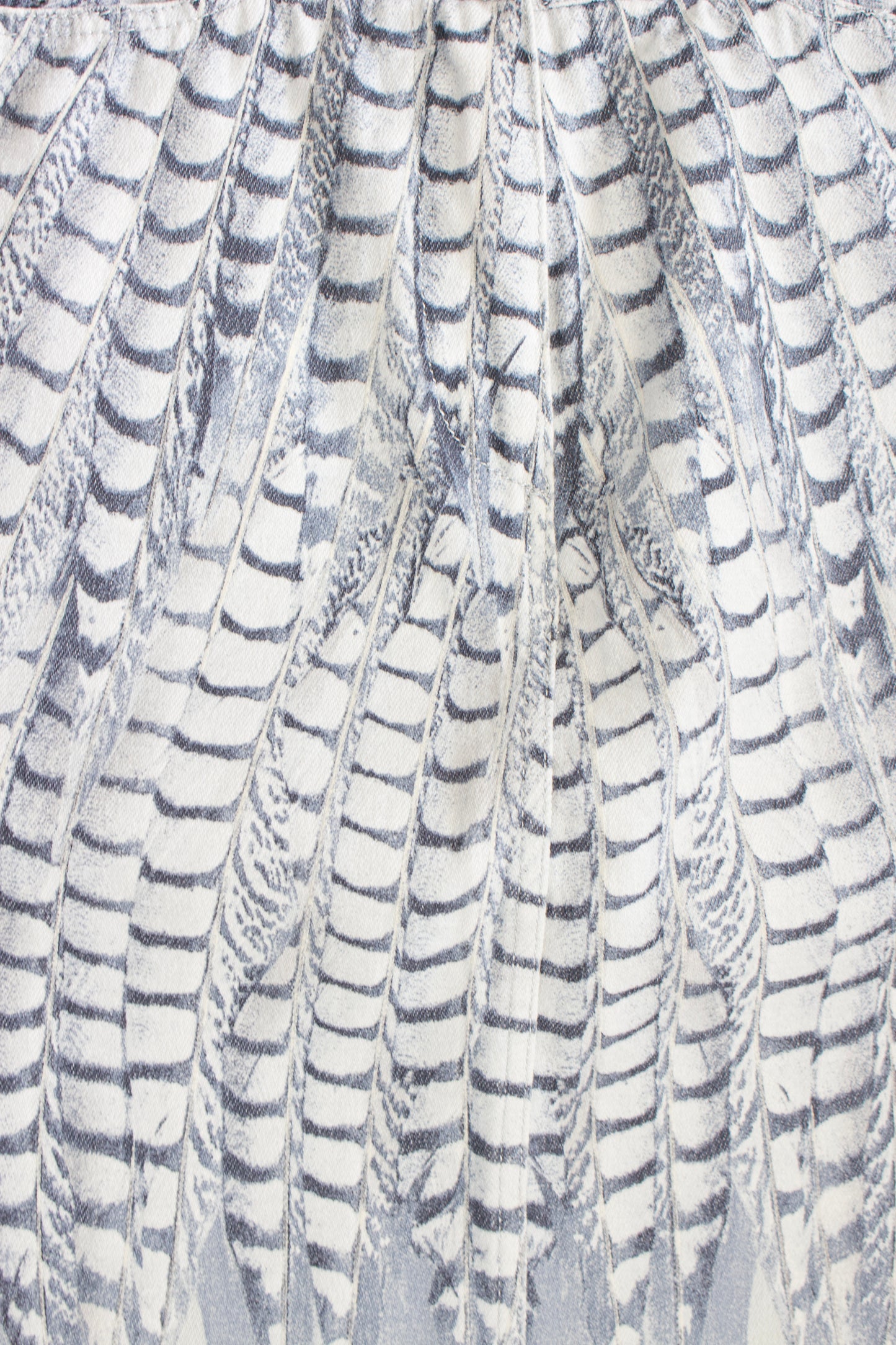 Roberto Cavalli denim skirt with feather print and side zips