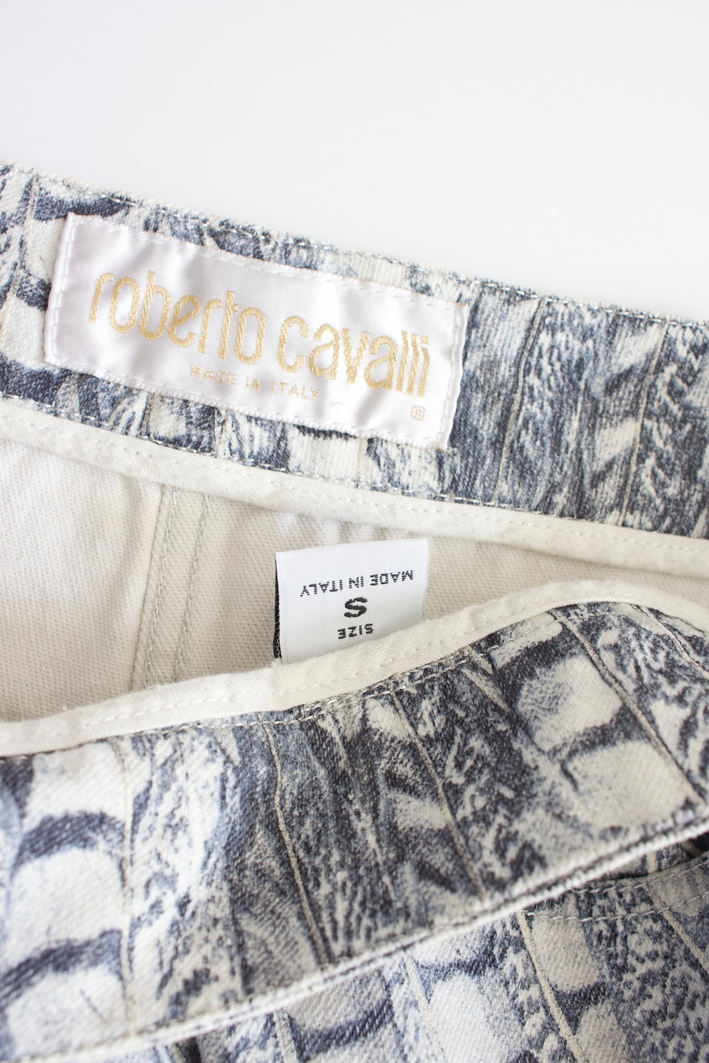 Roberto Cavalli denim skirt with feather print and side zips