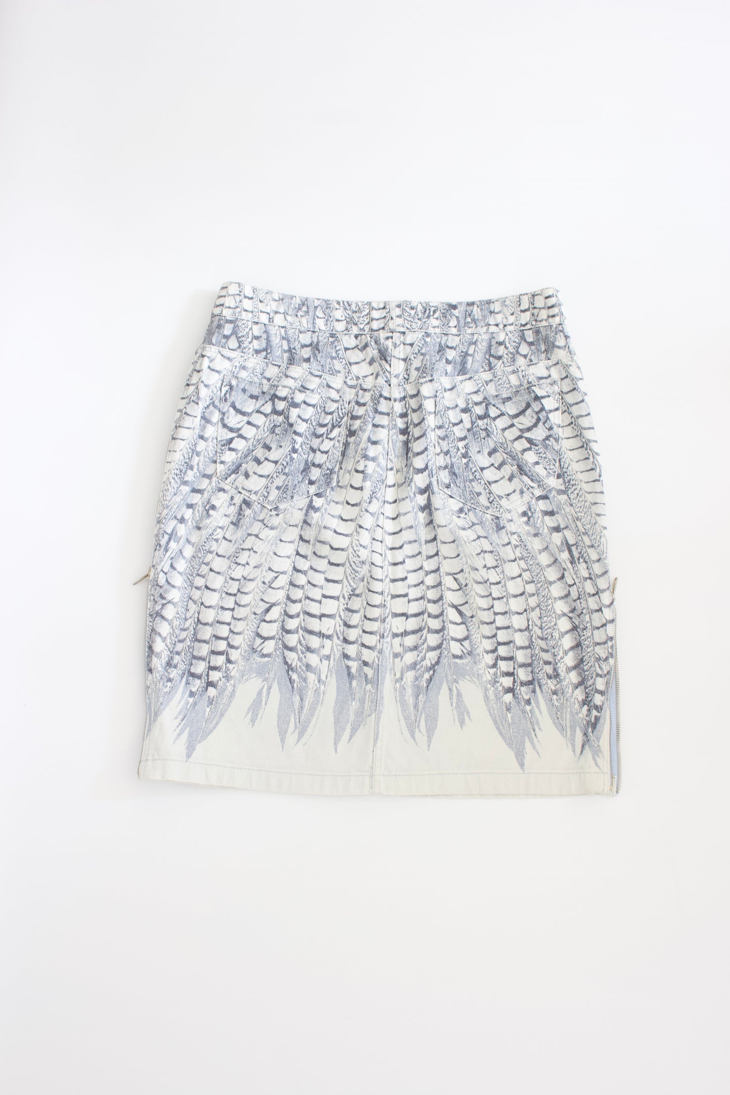 Roberto Cavalli denim skirt with feather print and side zips
