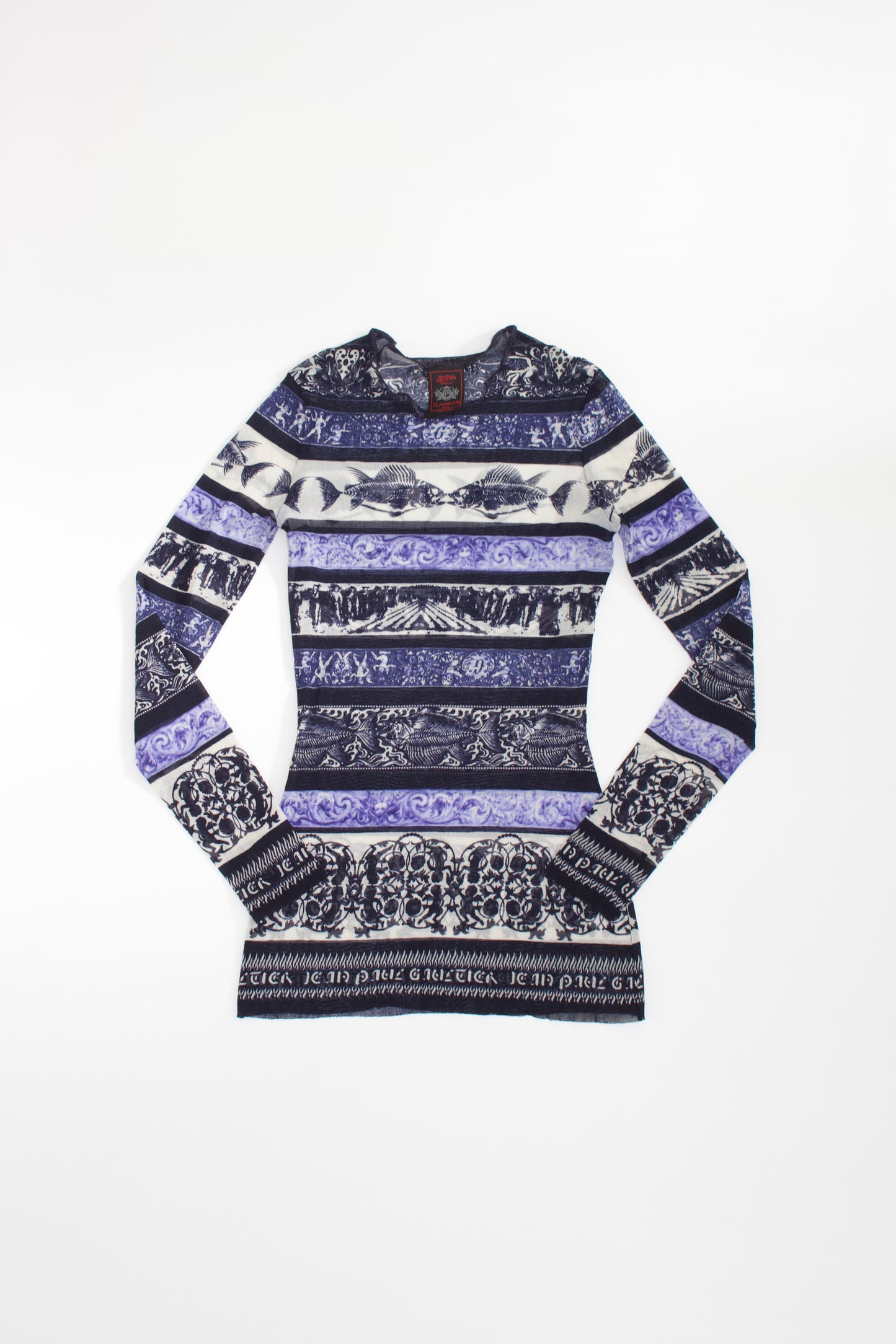 Jean Paul Gaultier 1990s blue printed mesh longsleeve top