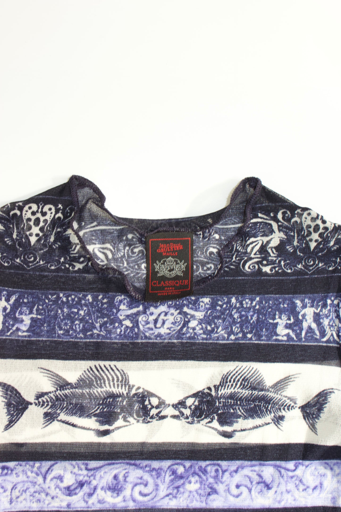 Jean Paul Gaultier 1990s blue printed mesh longsleeve top