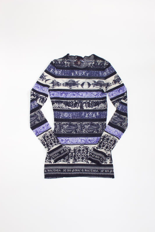 Jean Paul Gaultier 1990s blue printed mesh longsleeve top