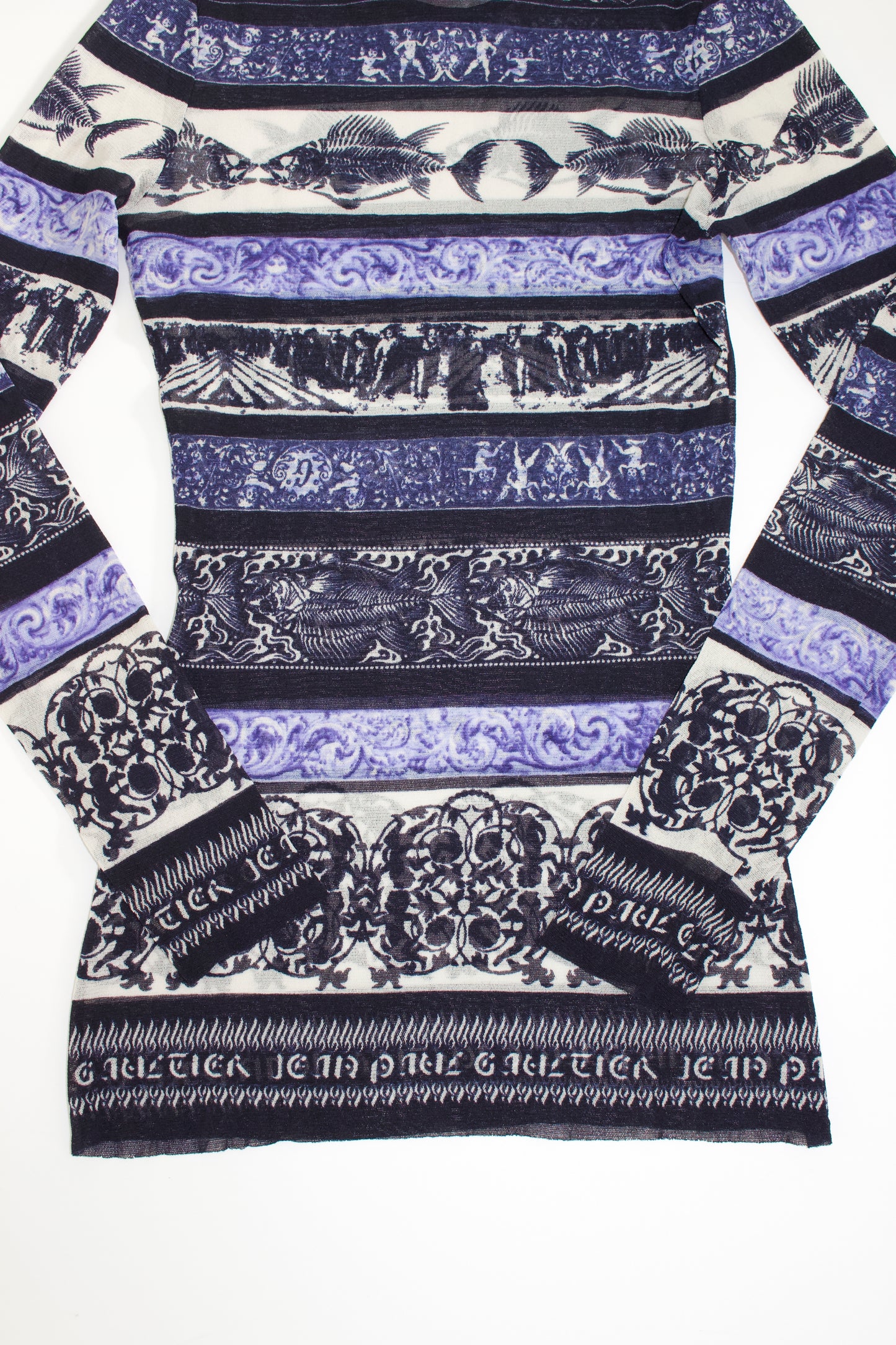 Jean Paul Gaultier 1990s blue printed mesh longsleeve top