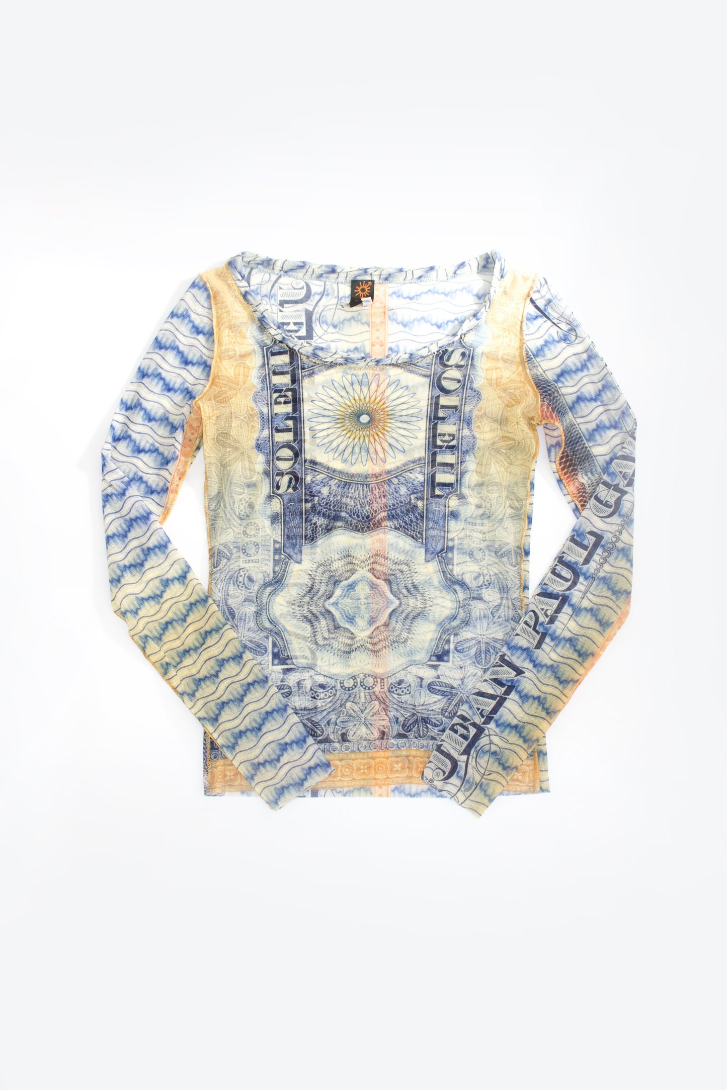 Jean Paul Gaultier 90s money print mesh longsleeve top