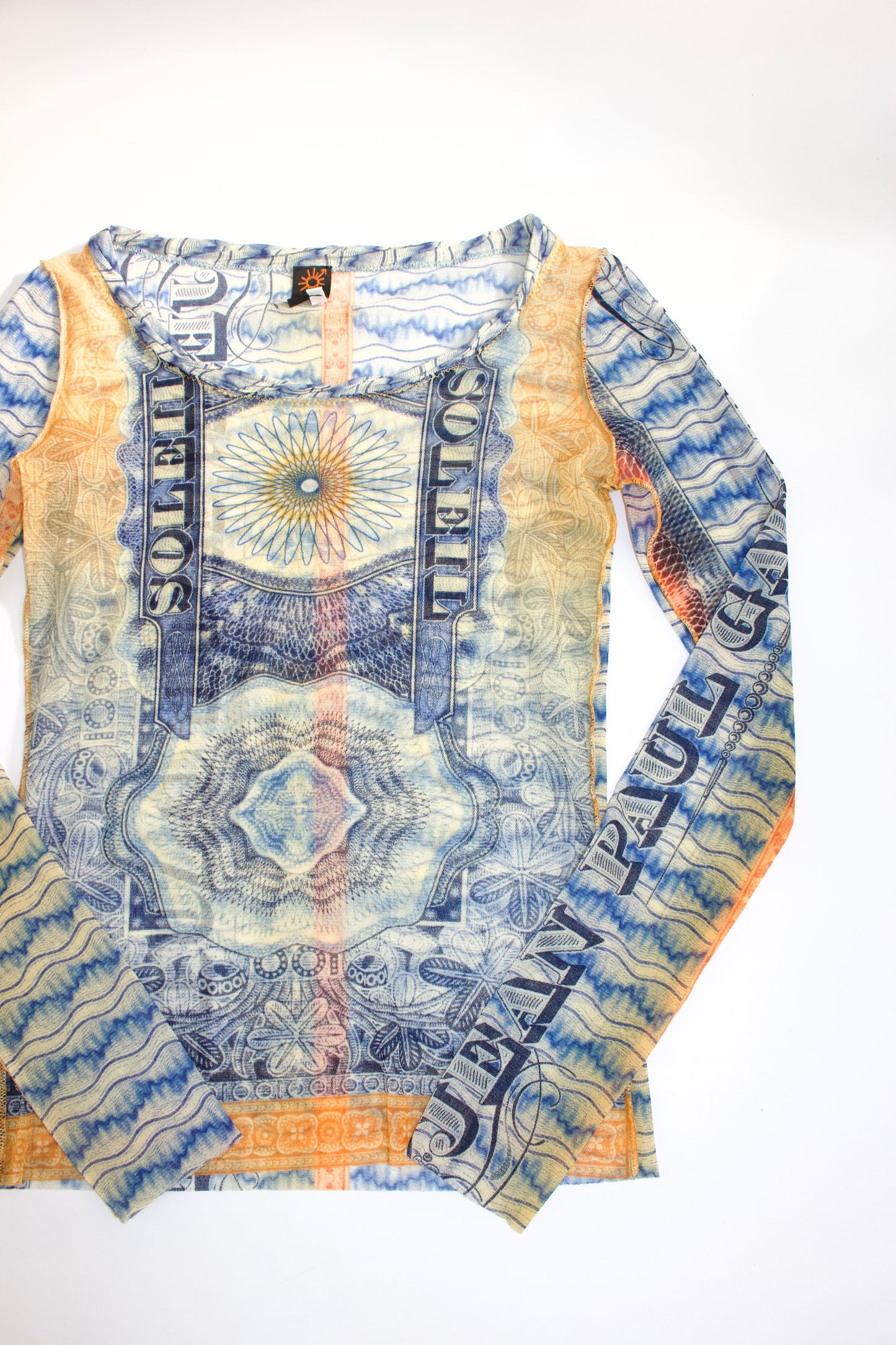 Jean Paul Gaultier 90s money print mesh longsleeve top