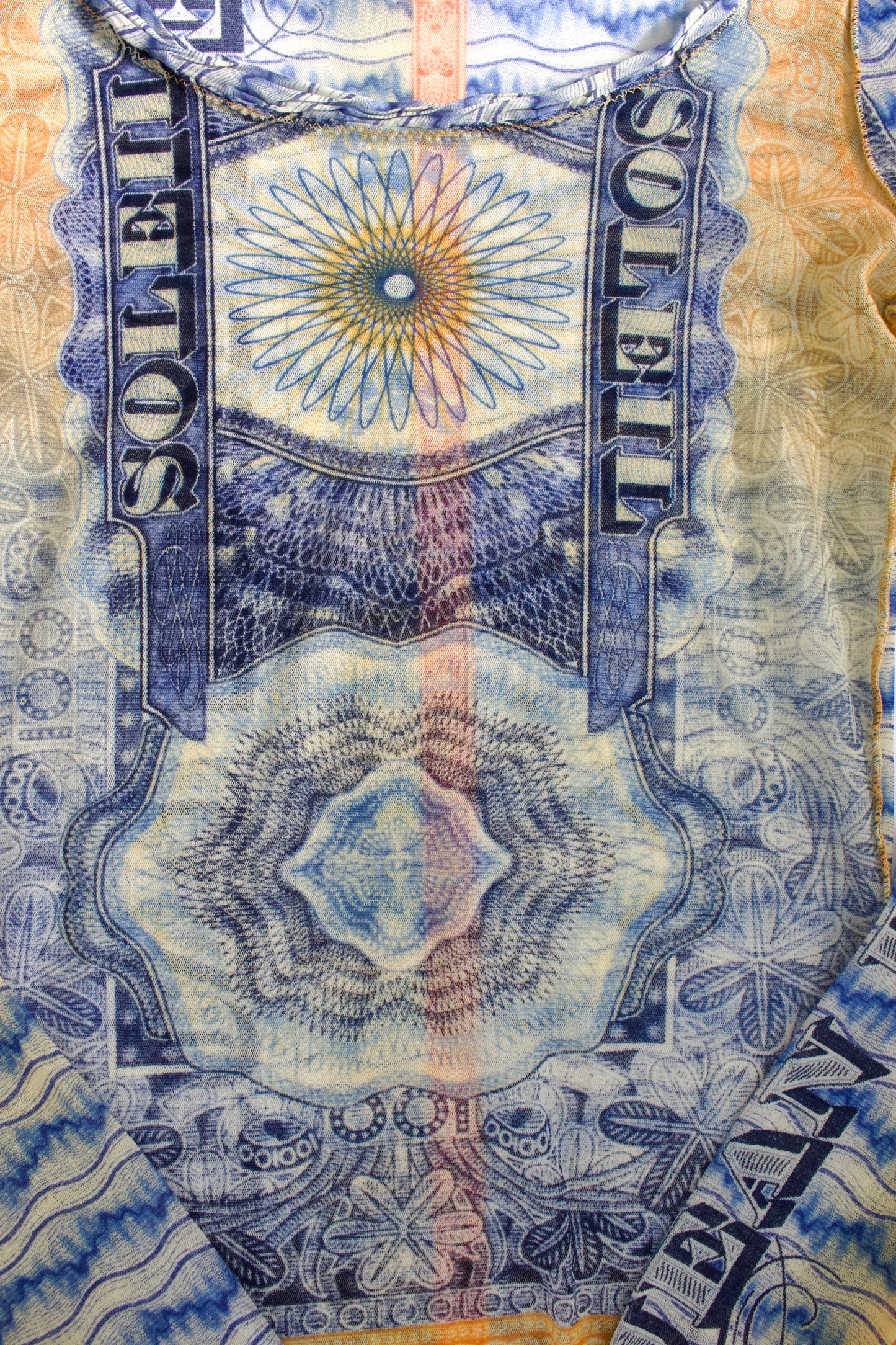 Jean Paul Gaultier 90s money print mesh longsleeve top