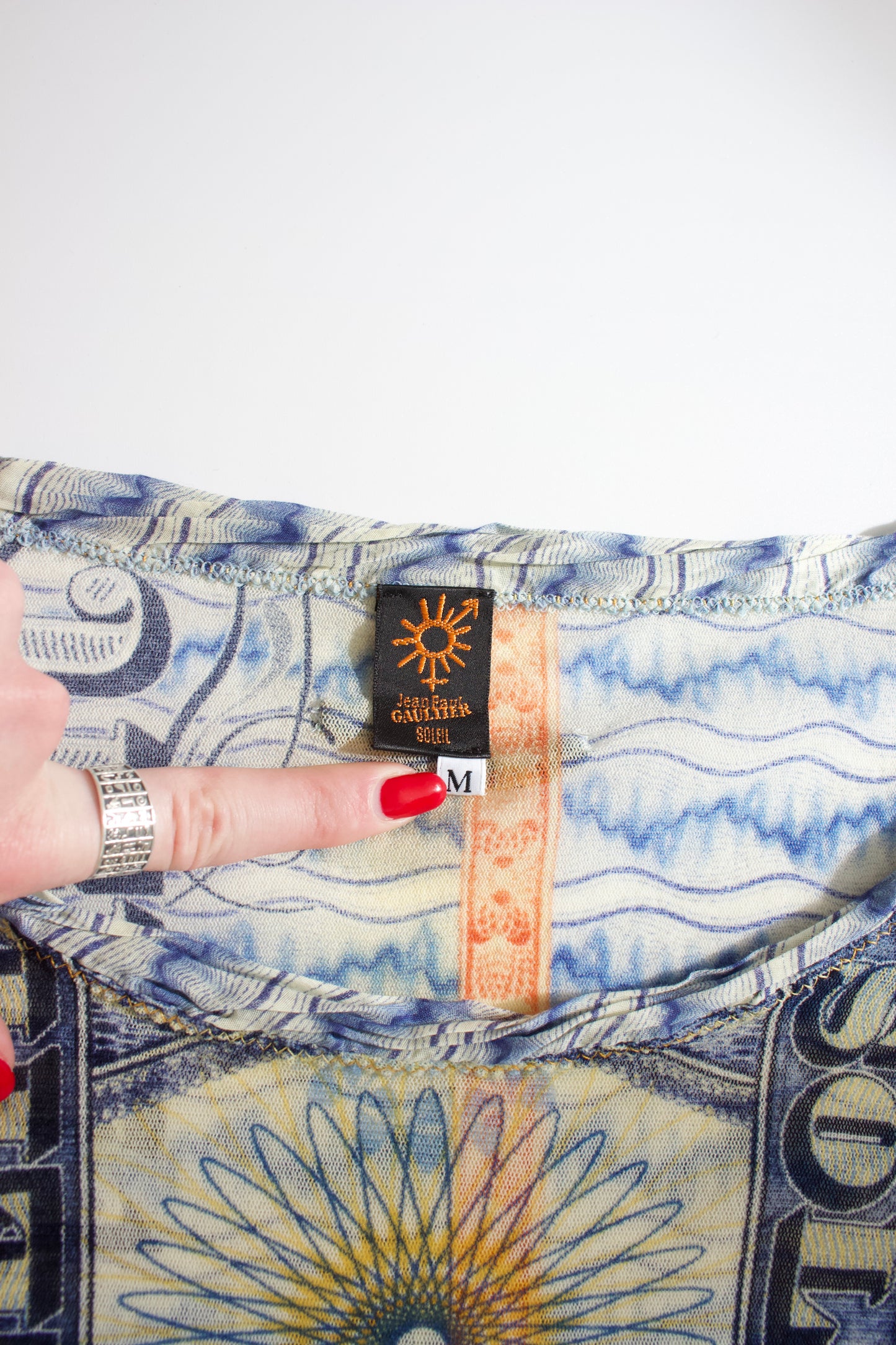Jean Paul Gaultier 90s money print mesh longsleeve top
