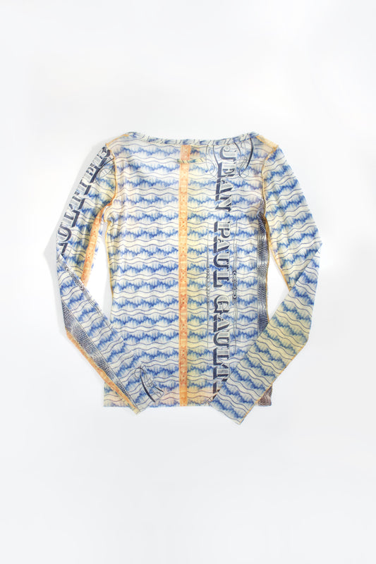 Jean Paul Gaultier 90s money print mesh longsleeve top