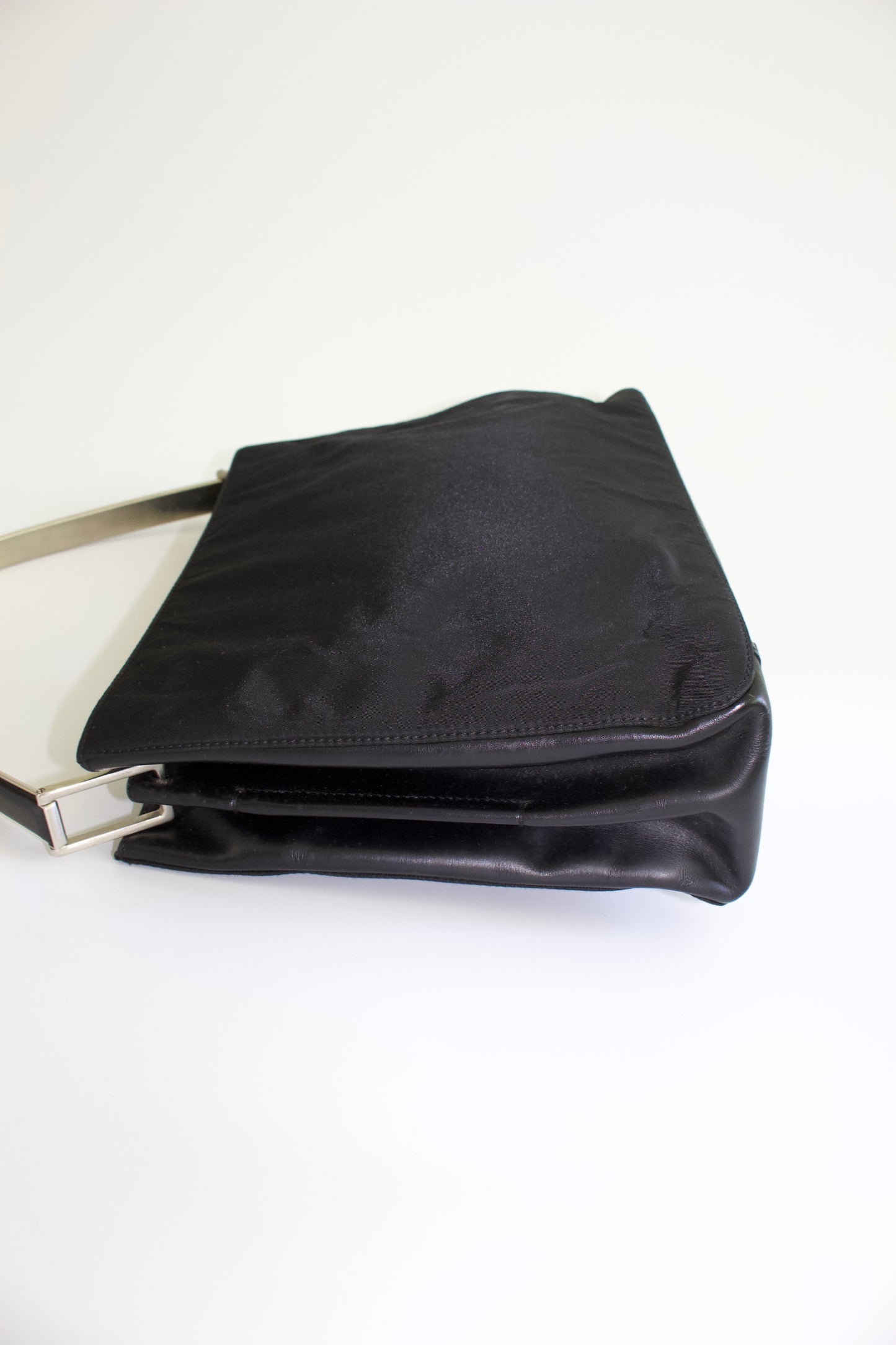 Prada FW 1998 black nylon shoulder bag with metal handle