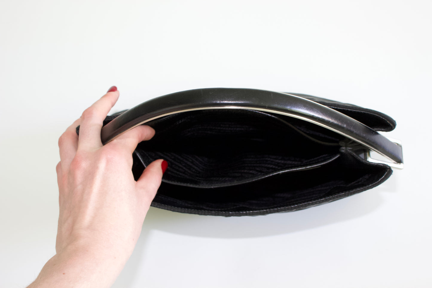 Prada FW 1998 black nylon shoulder bag with metal handle