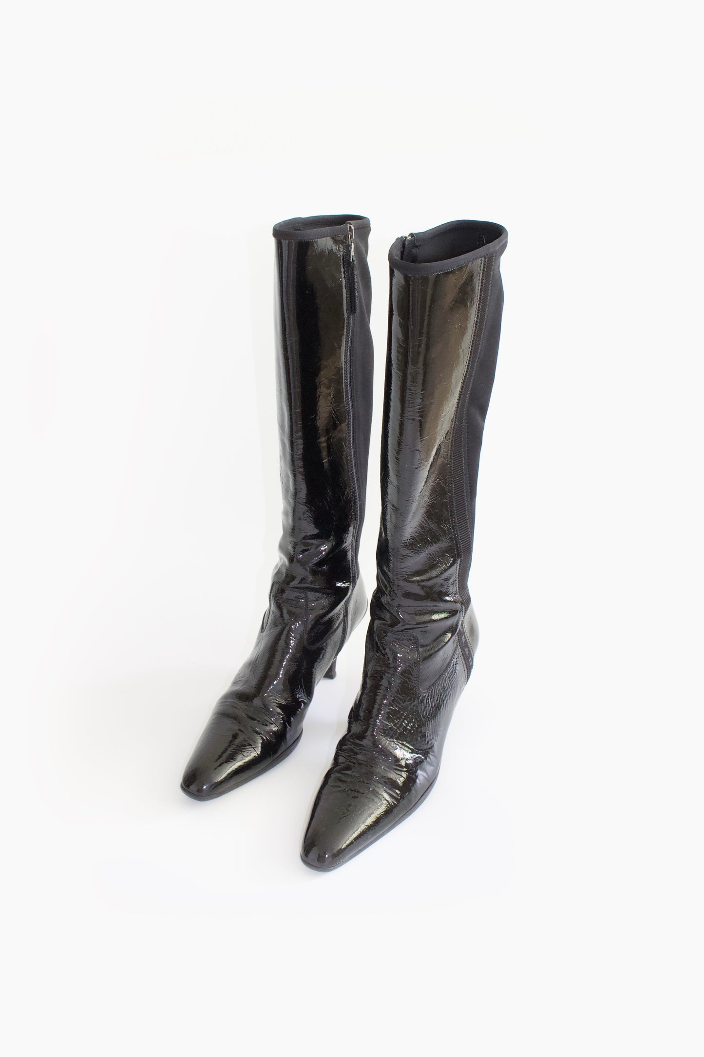 Prada 2000s black patent leather kitten-heel boots